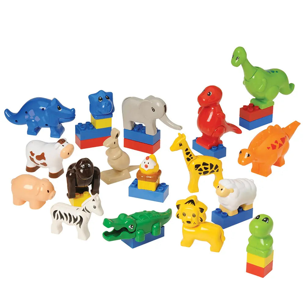A set of colorful plastic animal figures designed for preschool building brick play, including various dinosaurs, wild animals, and farm animals.
