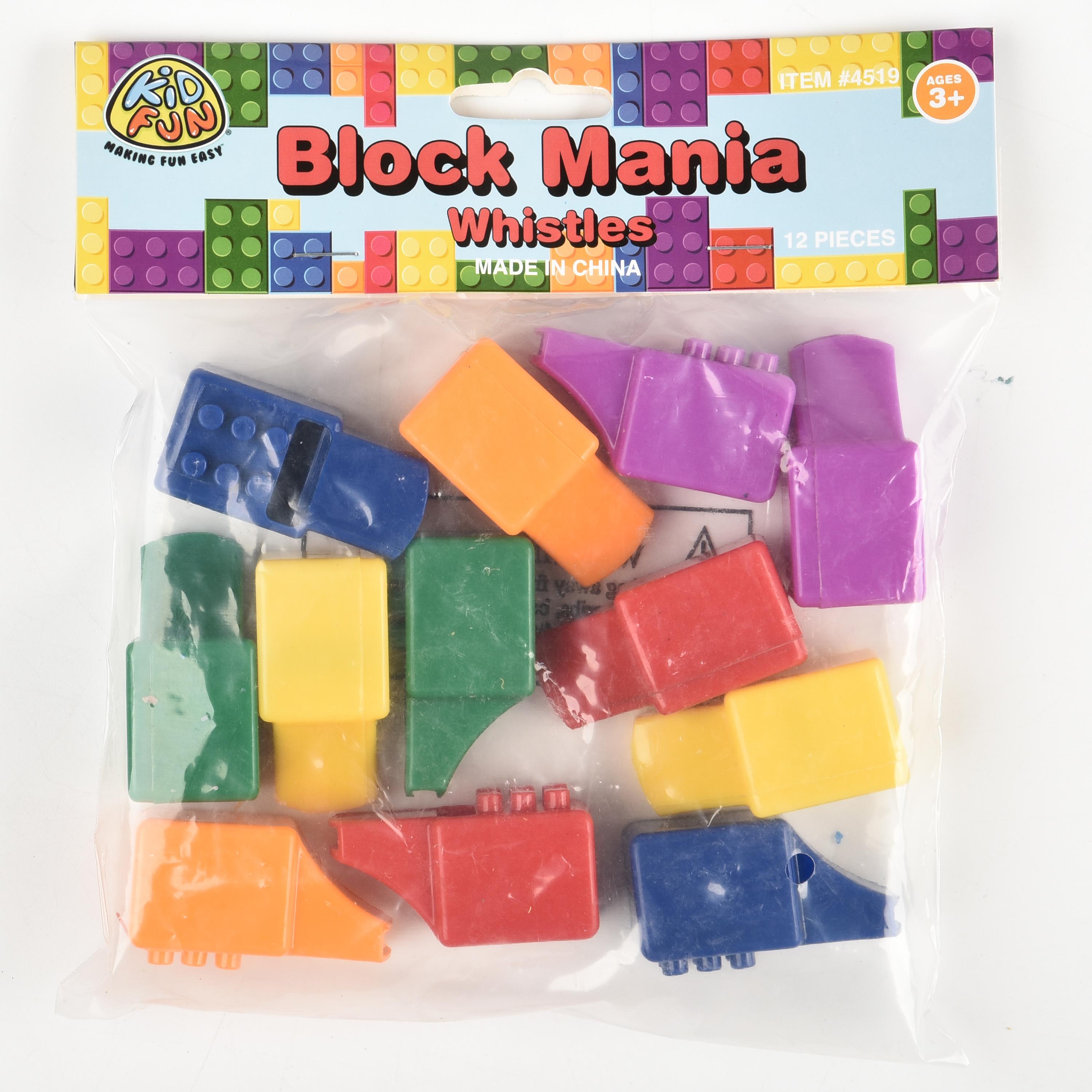 Packaged toy whistle blocks with colorful design on a white background