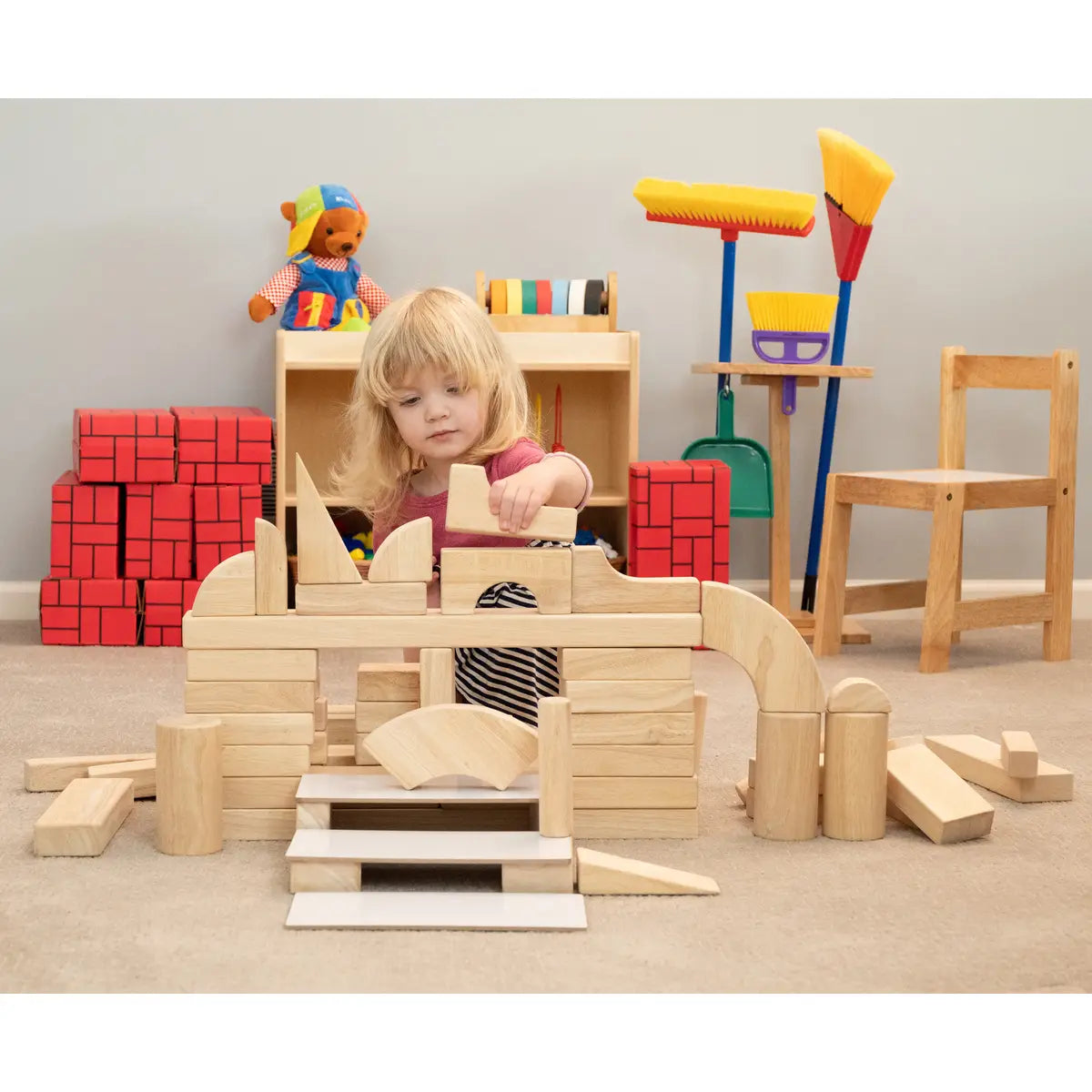 Kid Building With Advanced Unit Block Set in the Classroom