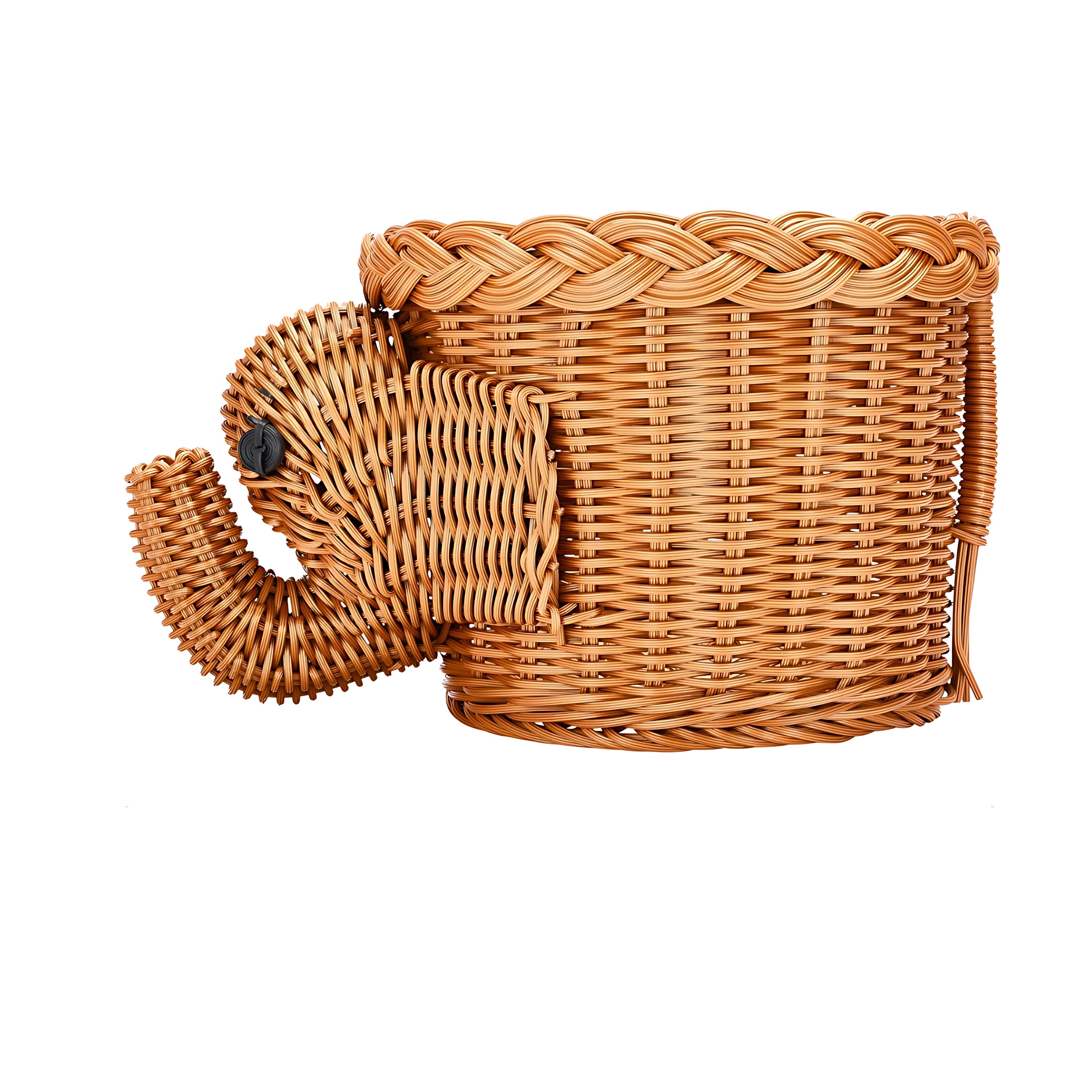 Wicker basket shaped like an elephant on a white background