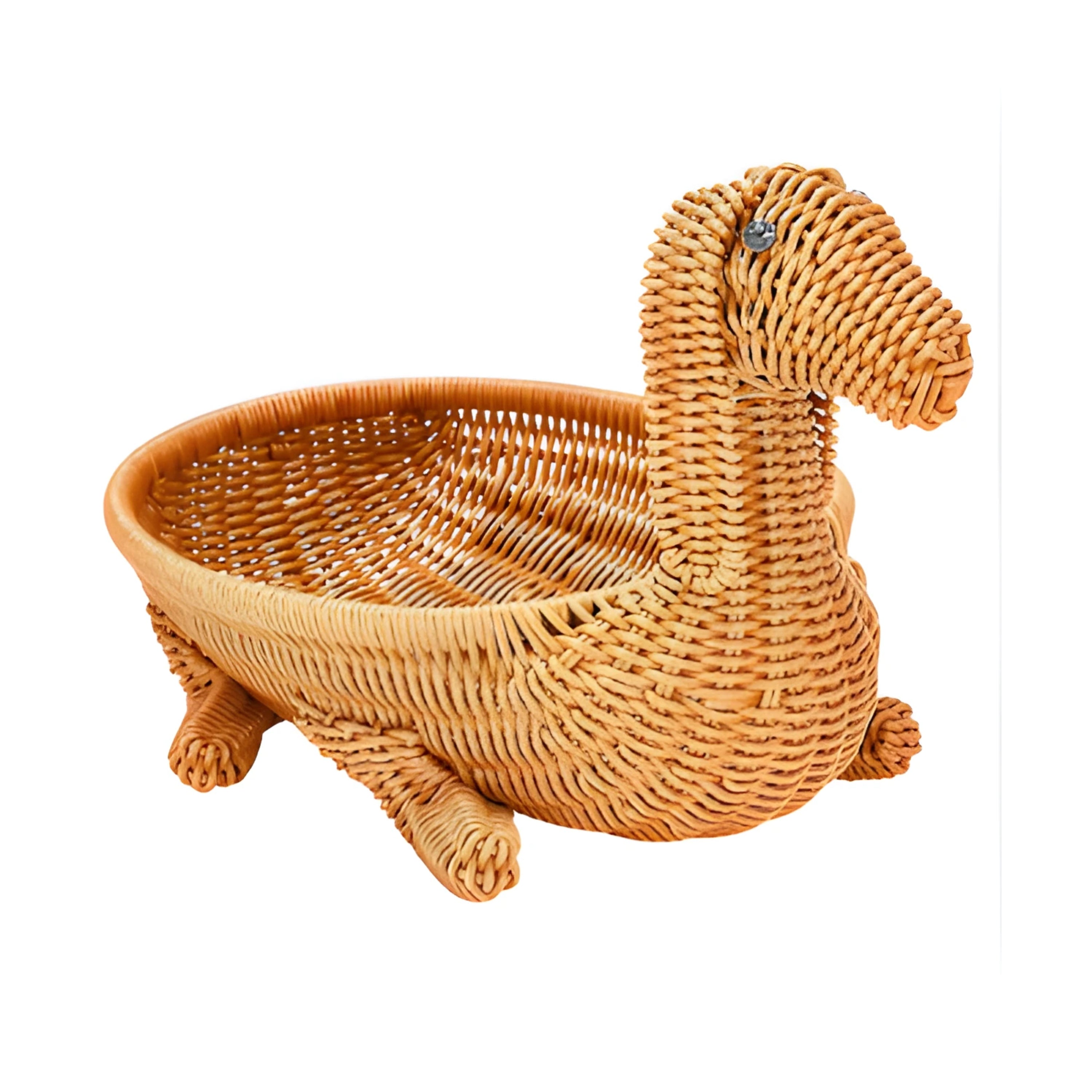 Wicker dog-shaped basket on a white background