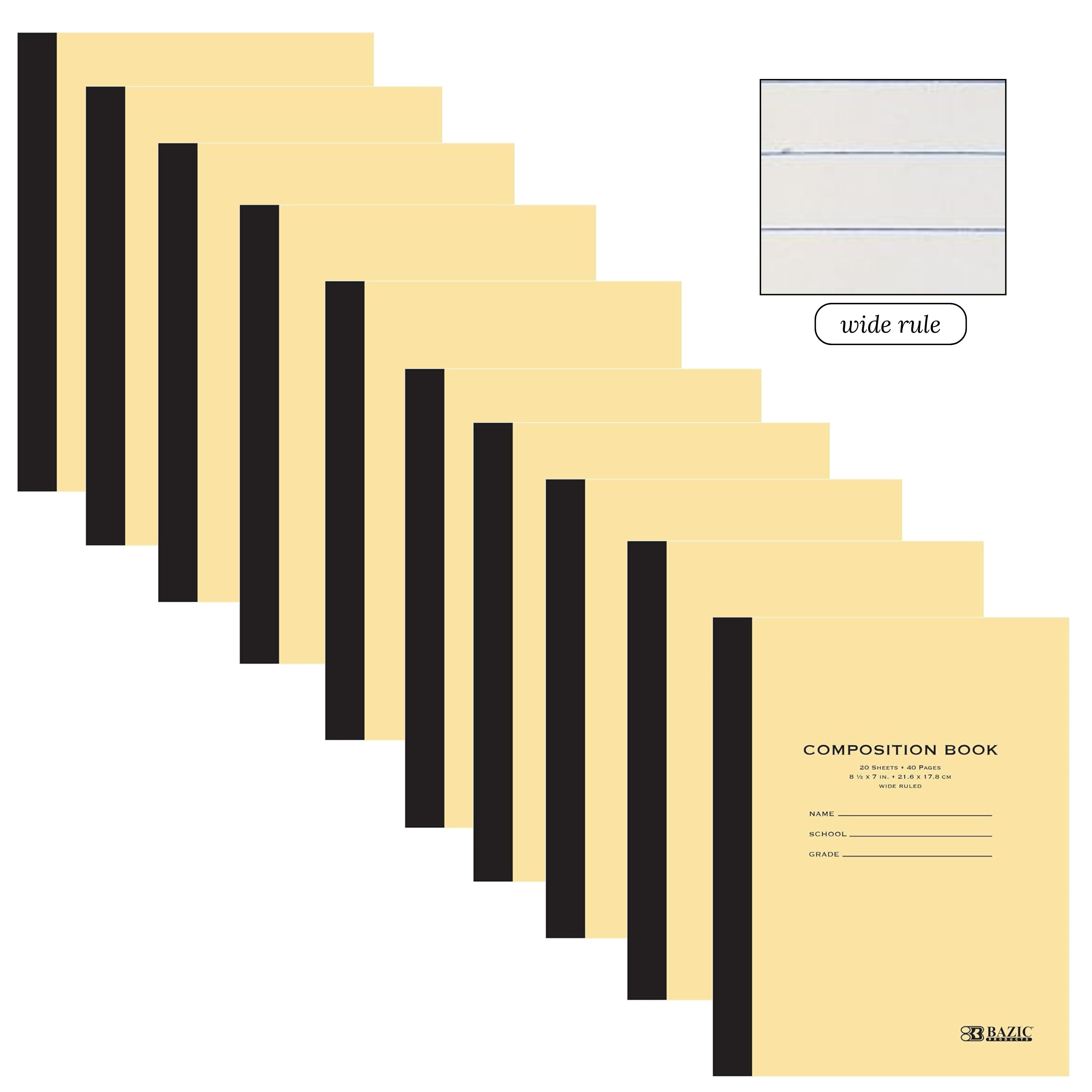 Set of 10 Wide Ruled Composition Books – 40 Sheets, 8.5" x 7"
