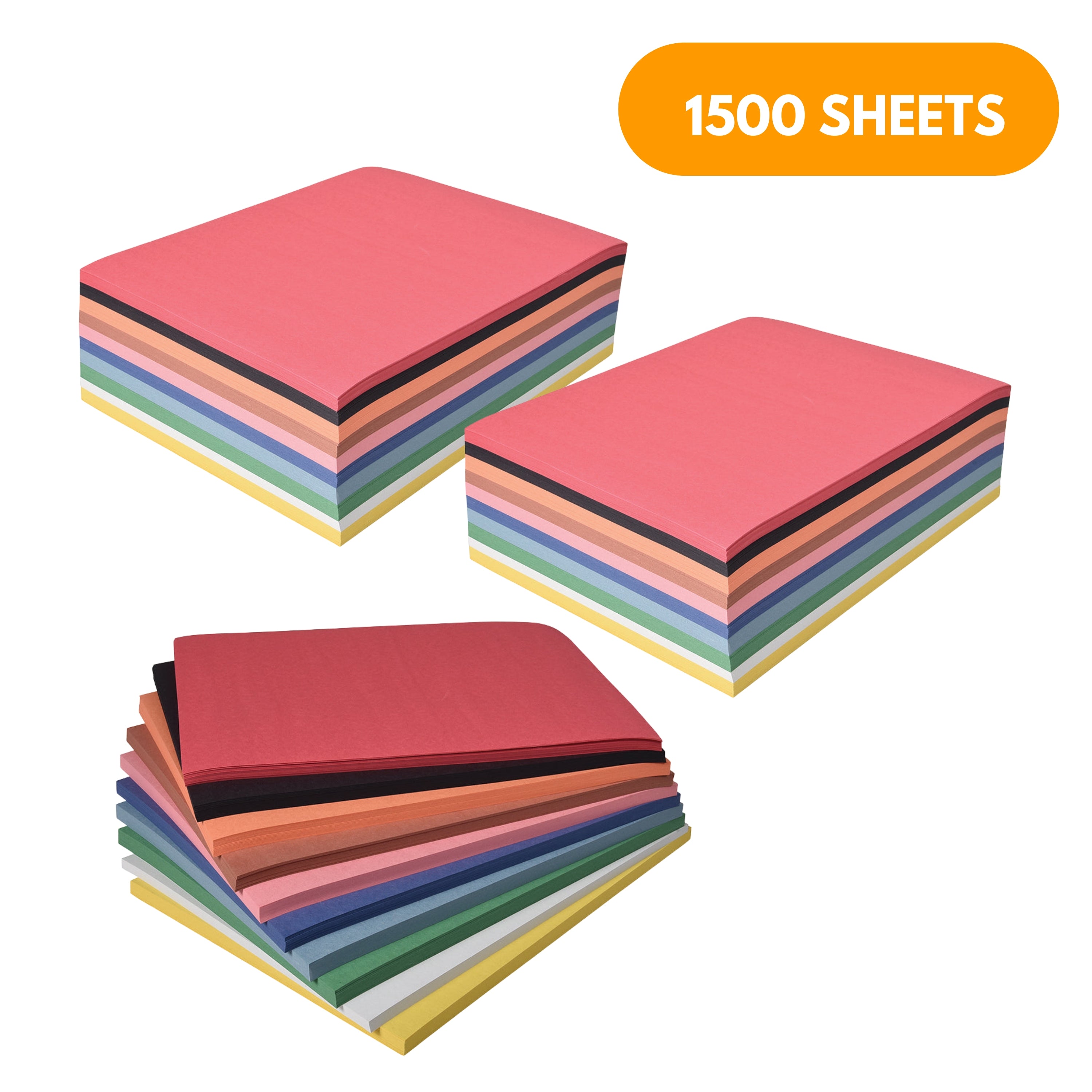 Stacks of colorful paper with a label indicating 1500 sheets on a white background
