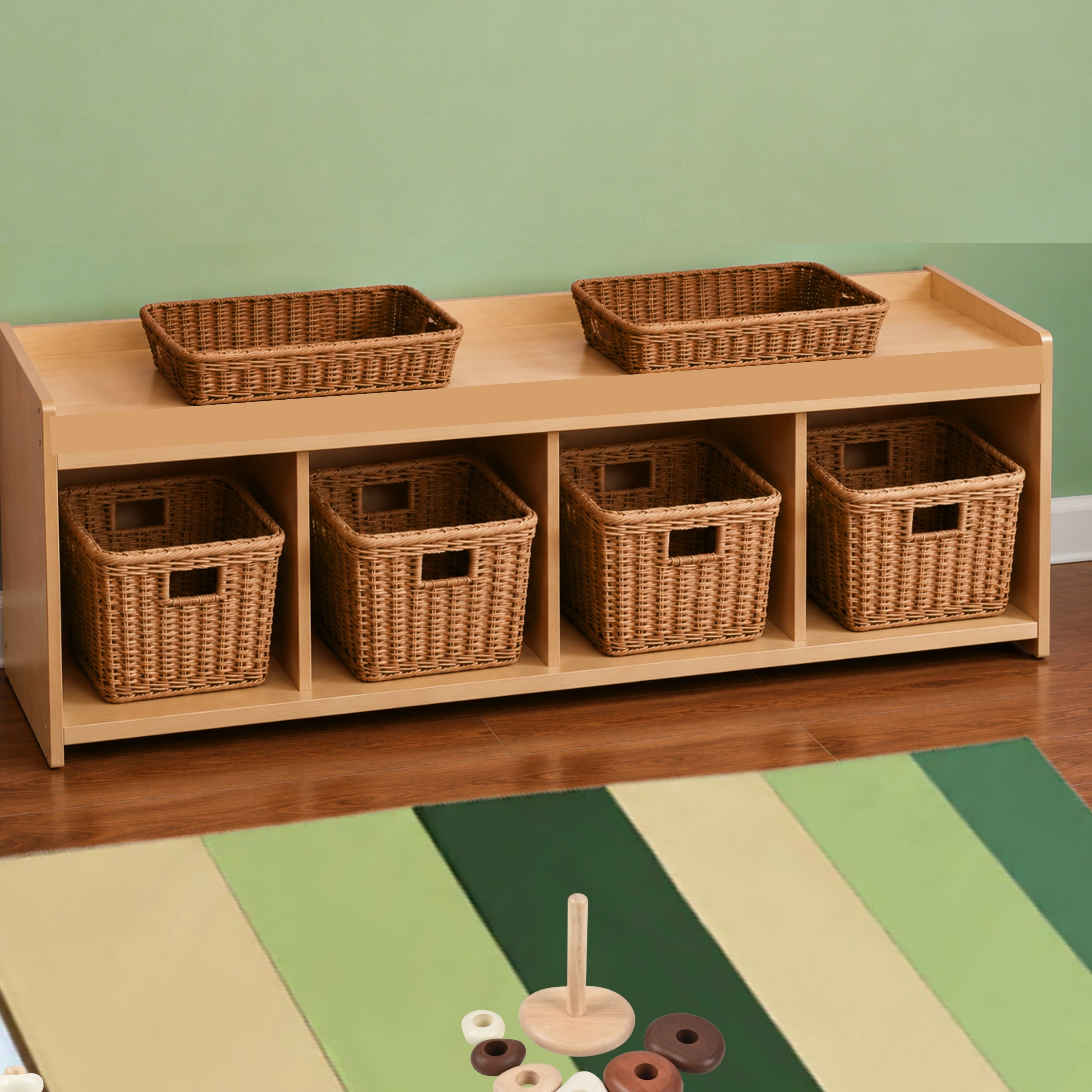 Toddler Open Storage with Woven/Wicker Baskets
