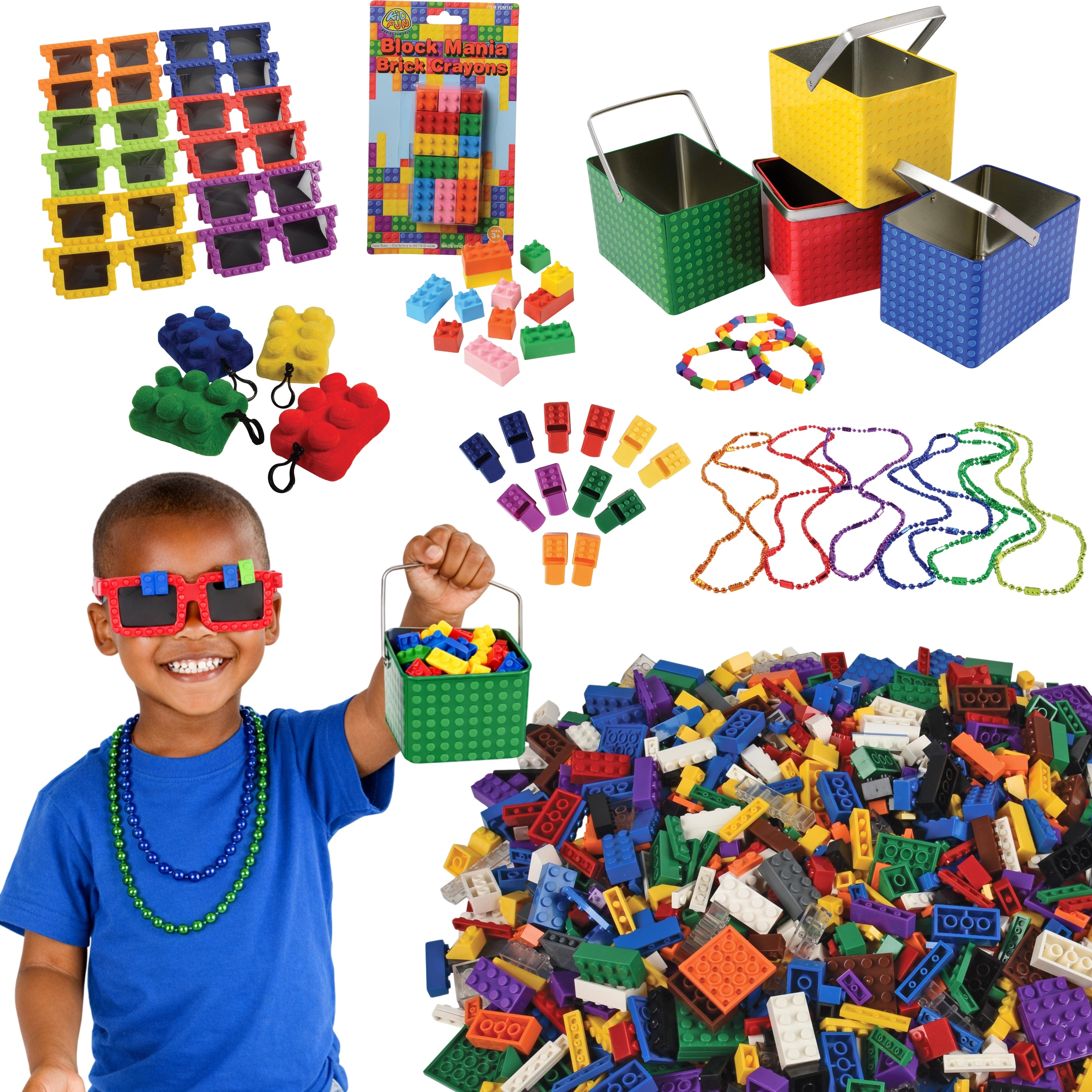Child playing with colorful building blocks and accessories, surrounded by toys and items.
