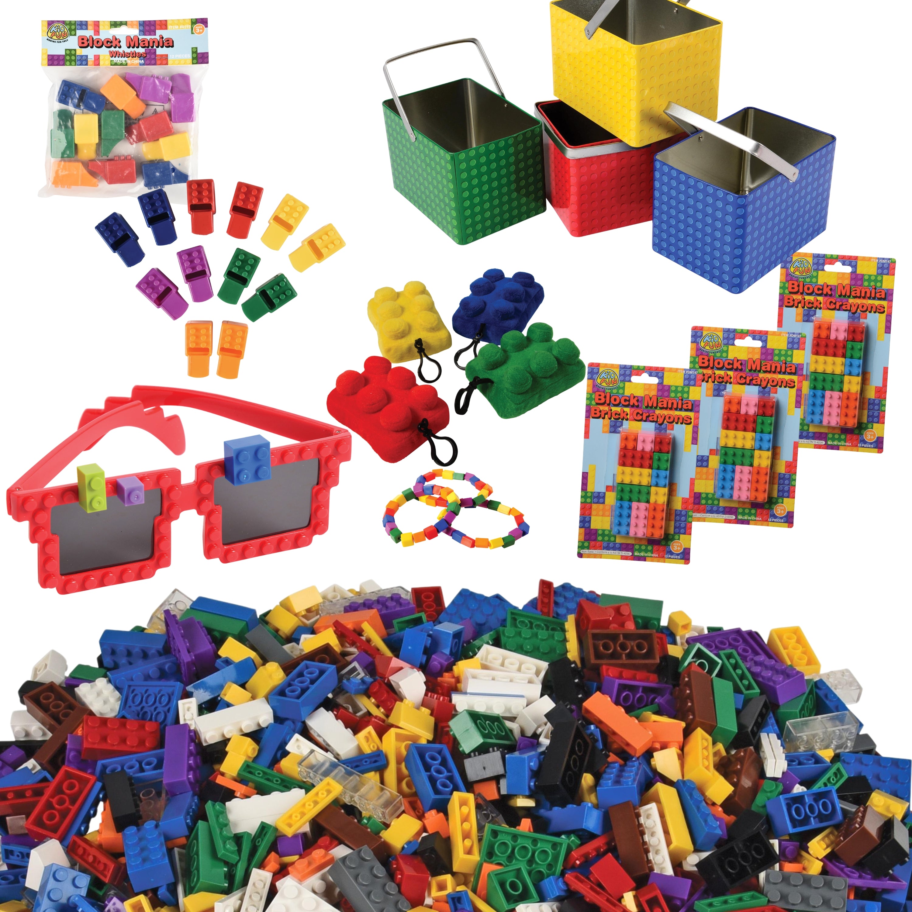Assorted colorful building blocks, toys, and accessories on a white background