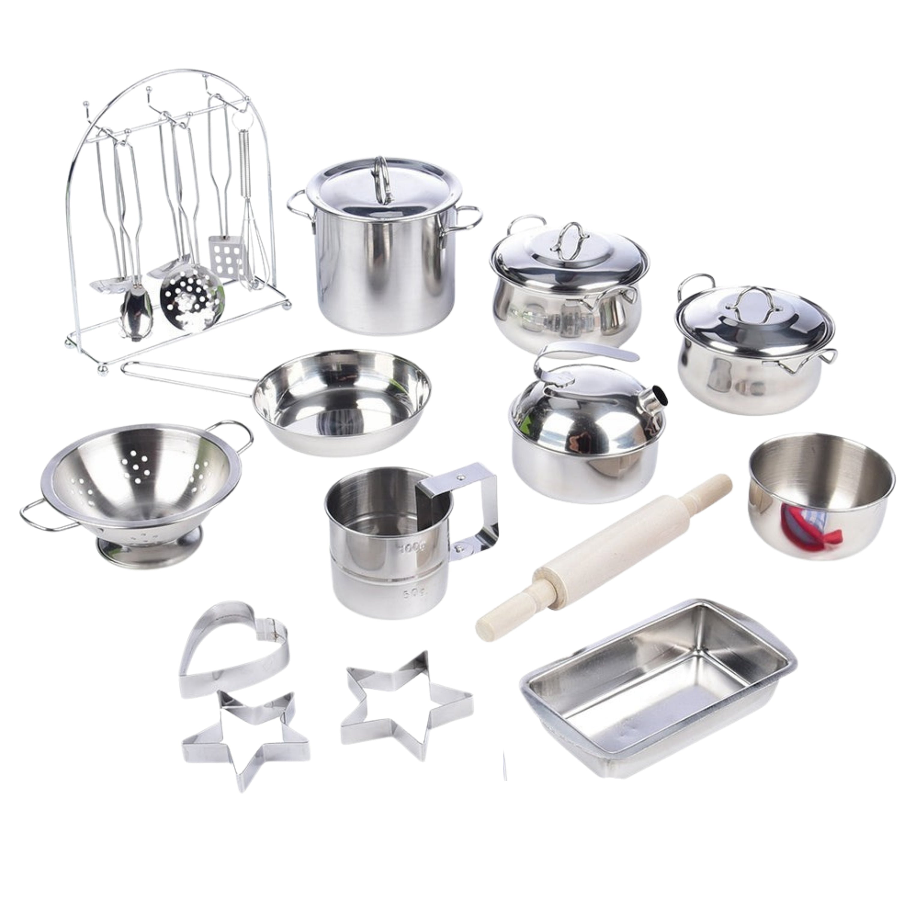 Collection of metal kitchen utensils and tools on a white background