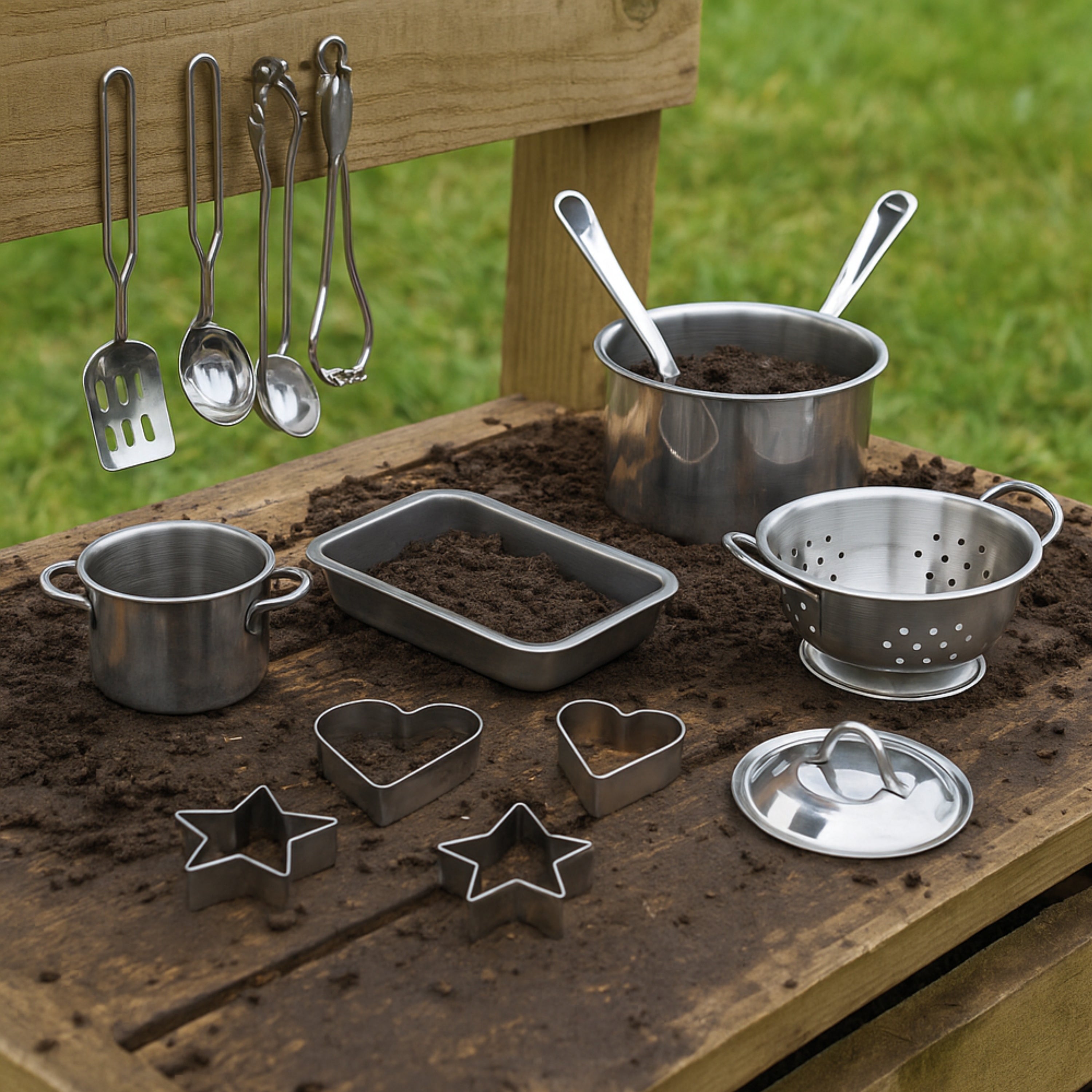 Metallic kitchen utensils and tools on a wooden surface with a grassy background