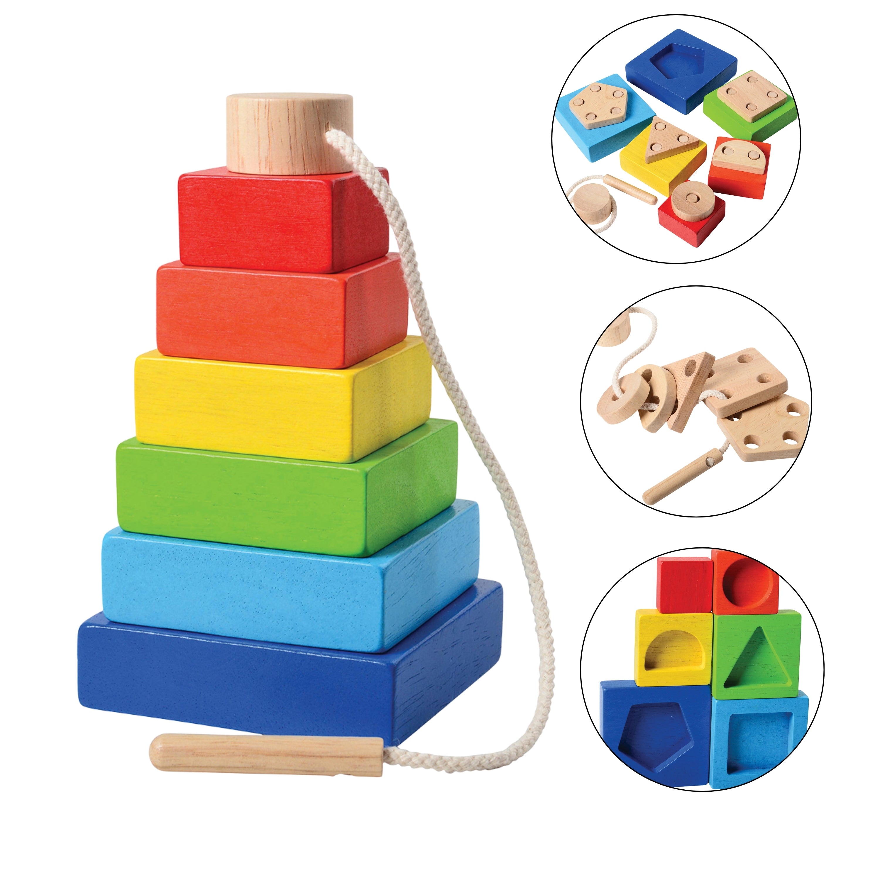 4 in 1 Rainbow Stacking Set | Wooden Stacking, Lacing & Early Math Learning Toy