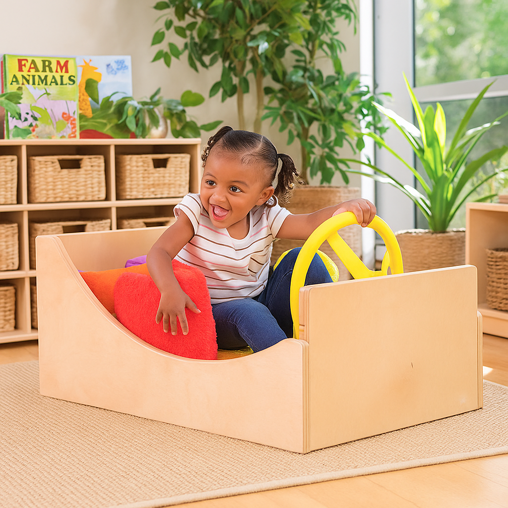 Child playing with a wooden toy in a classroom setting