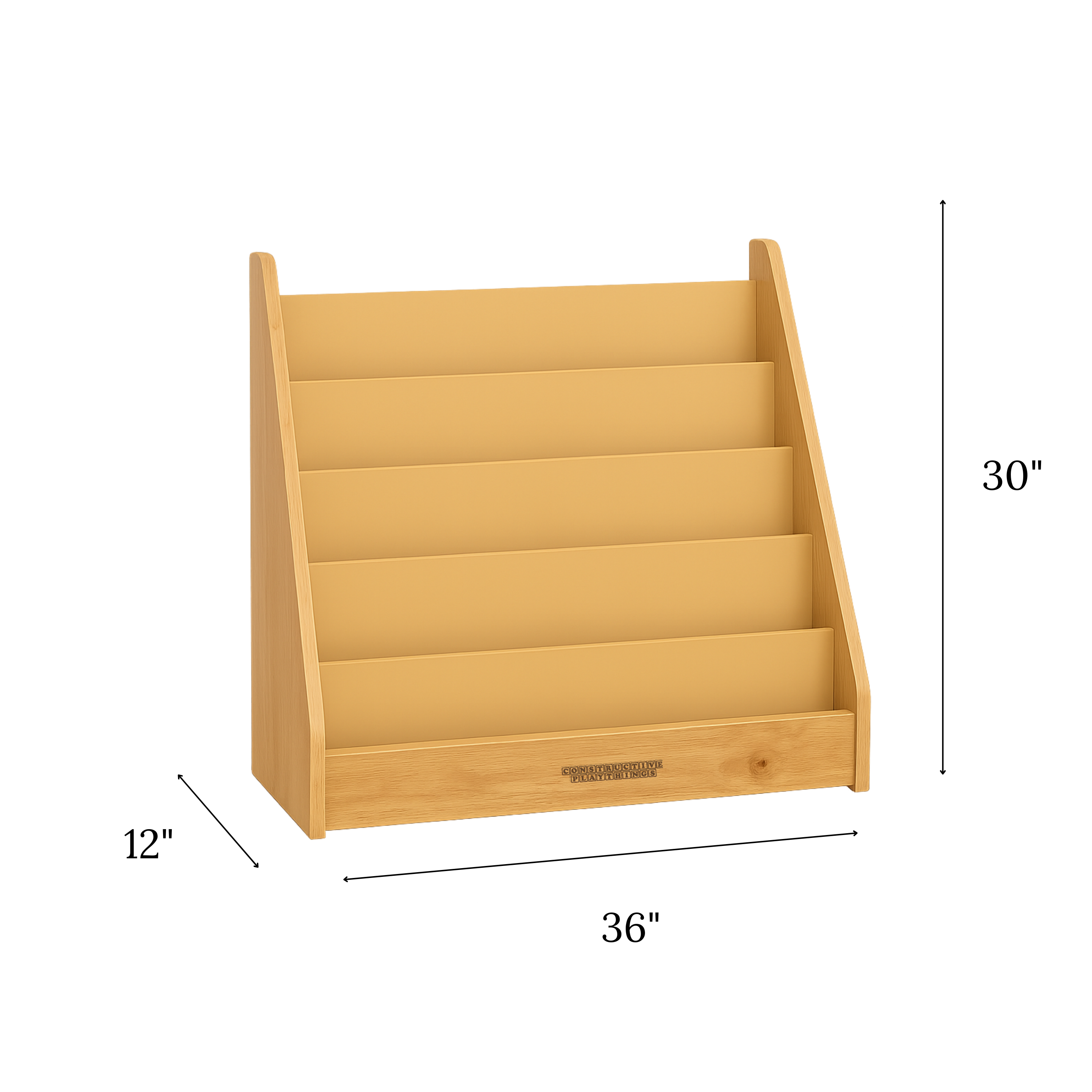 Wooden bookshelf with dimensions on a white background