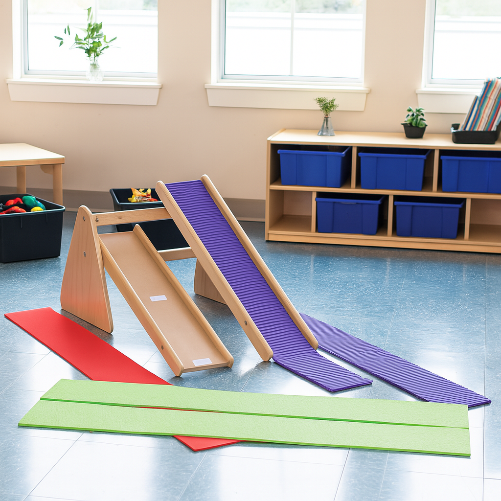 Colorful ramps and mats on a tiled floor with storage shelves in the background