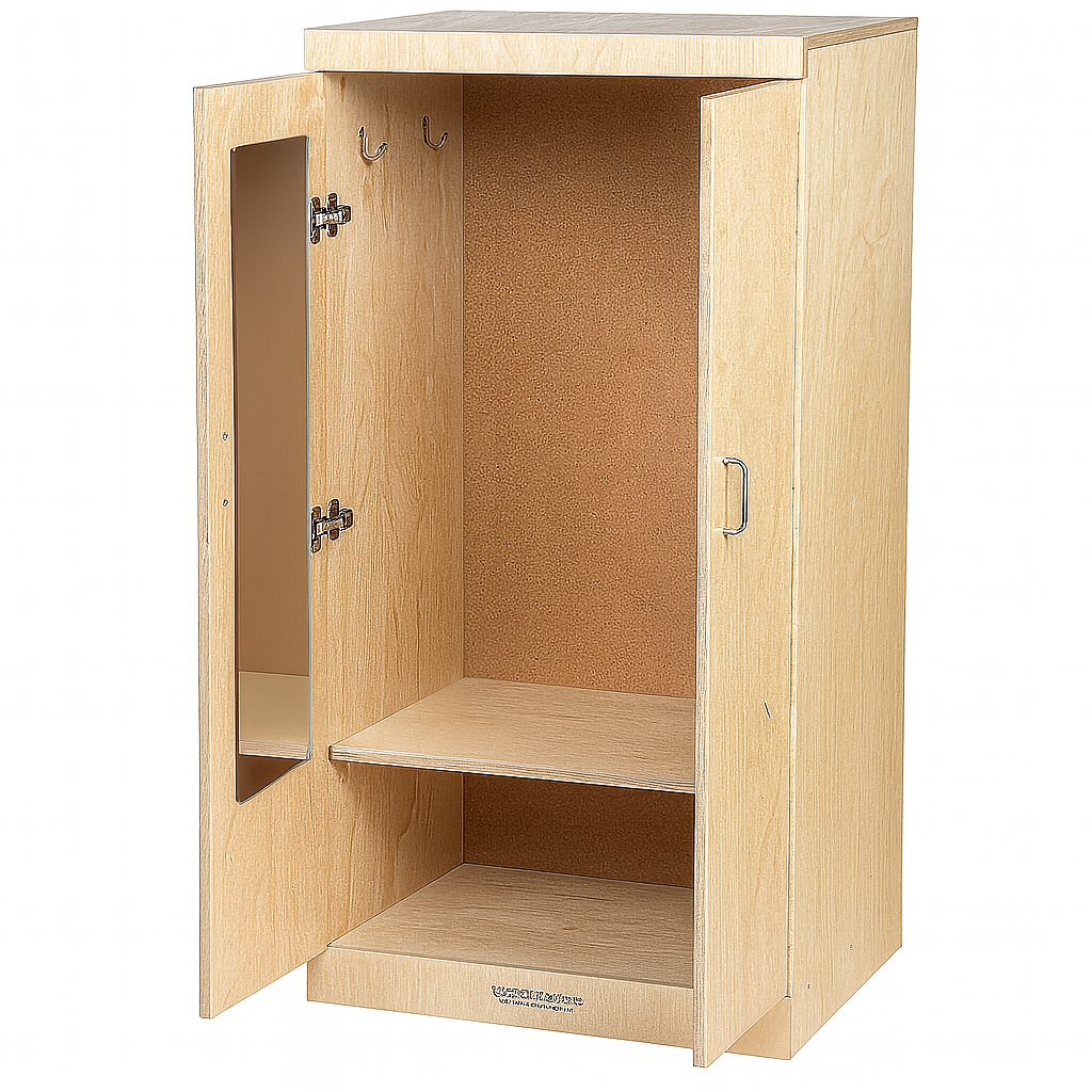 Wooden wardrobe with open doors on a white background