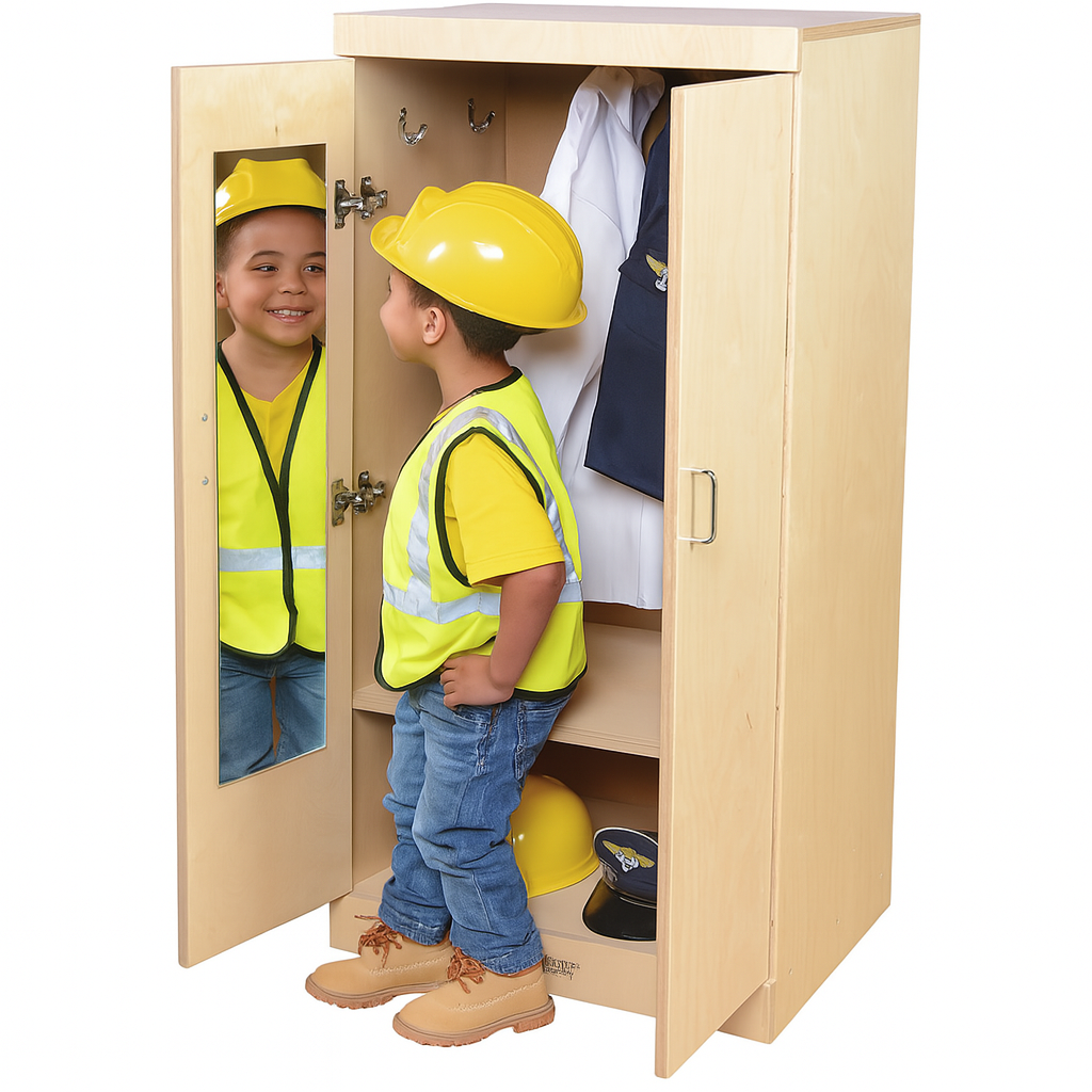 Child-Sized Wooden Dress Up Cupboard with Mirror, Hooks & Storage | Fully Assembled