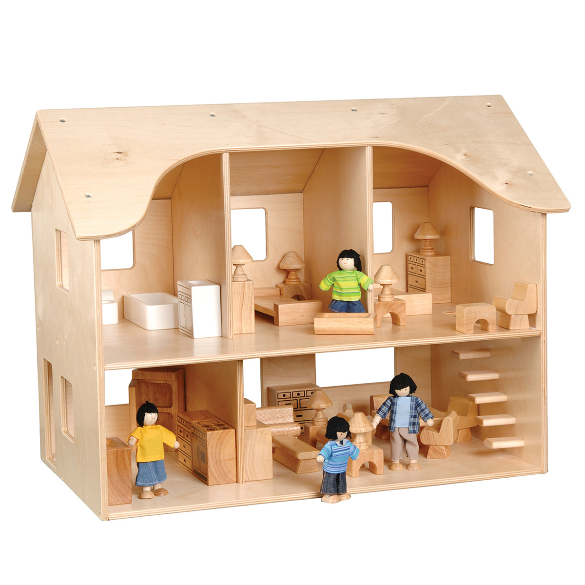 Wooden dollhouse with furniture and toy figures on a white background