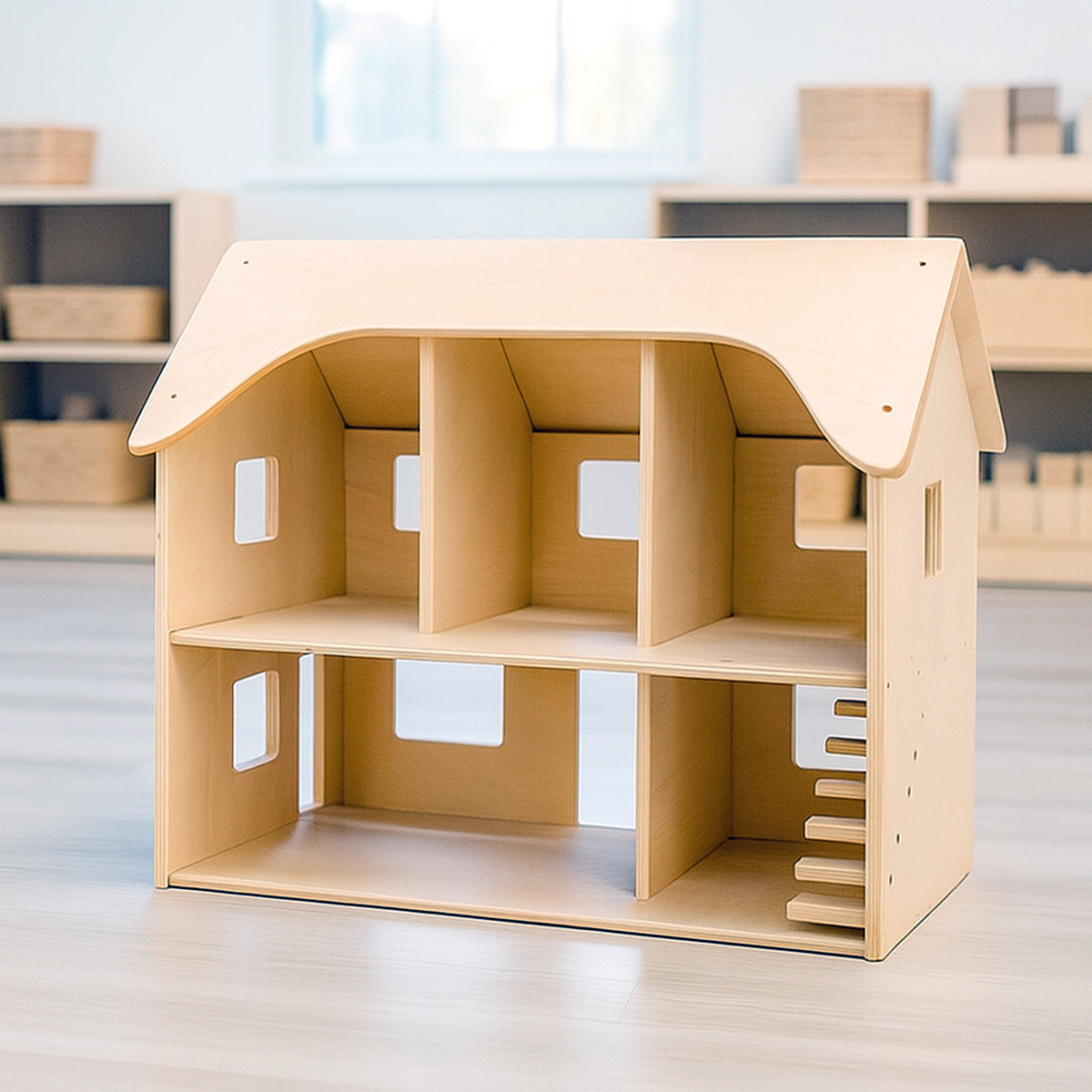 Wooden dollhouse on a light background
