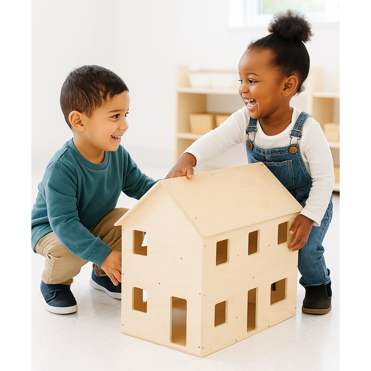 Two children playing with a wooden toy house on a light-colored floor.