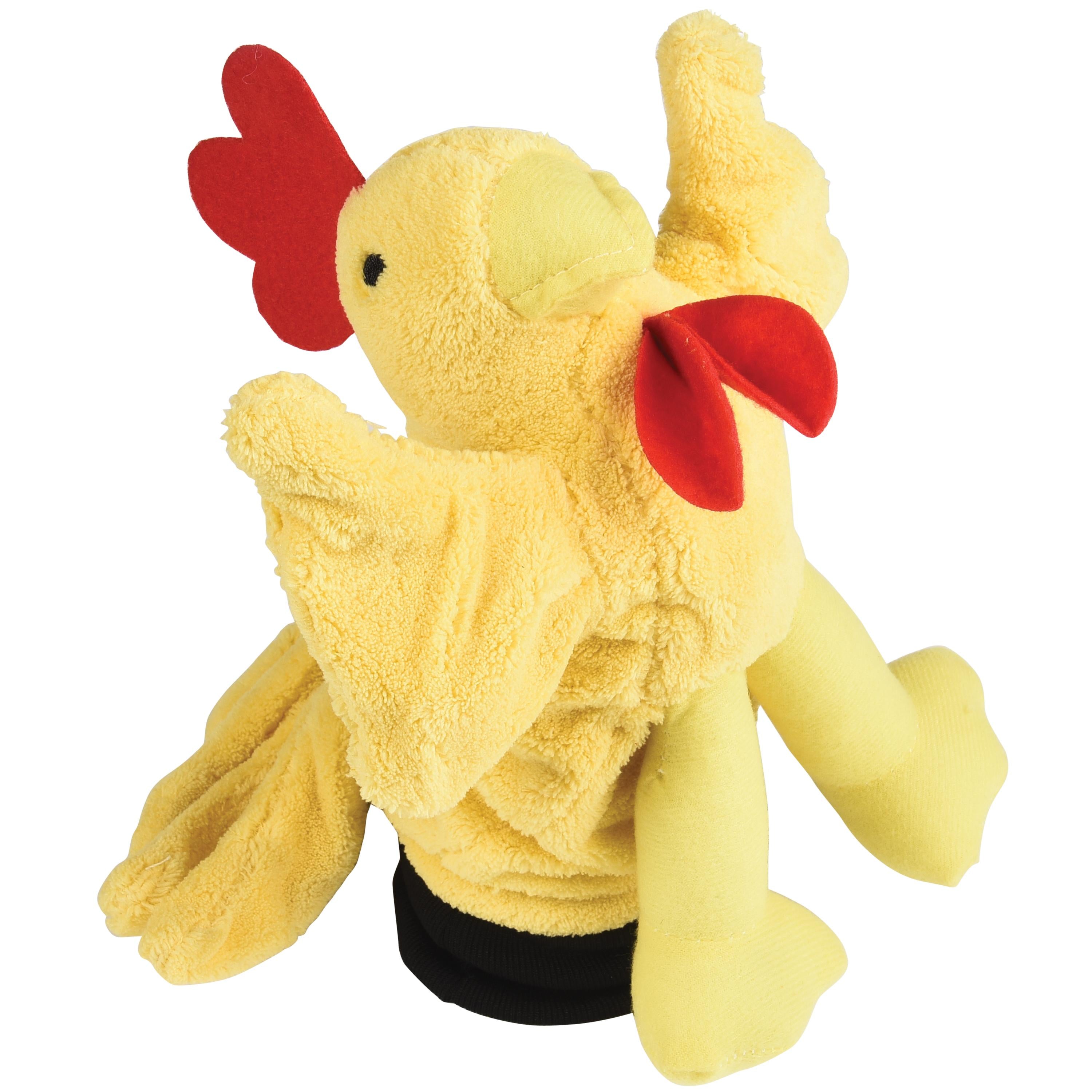 Yellow plush chicken toy with red accents on a white background