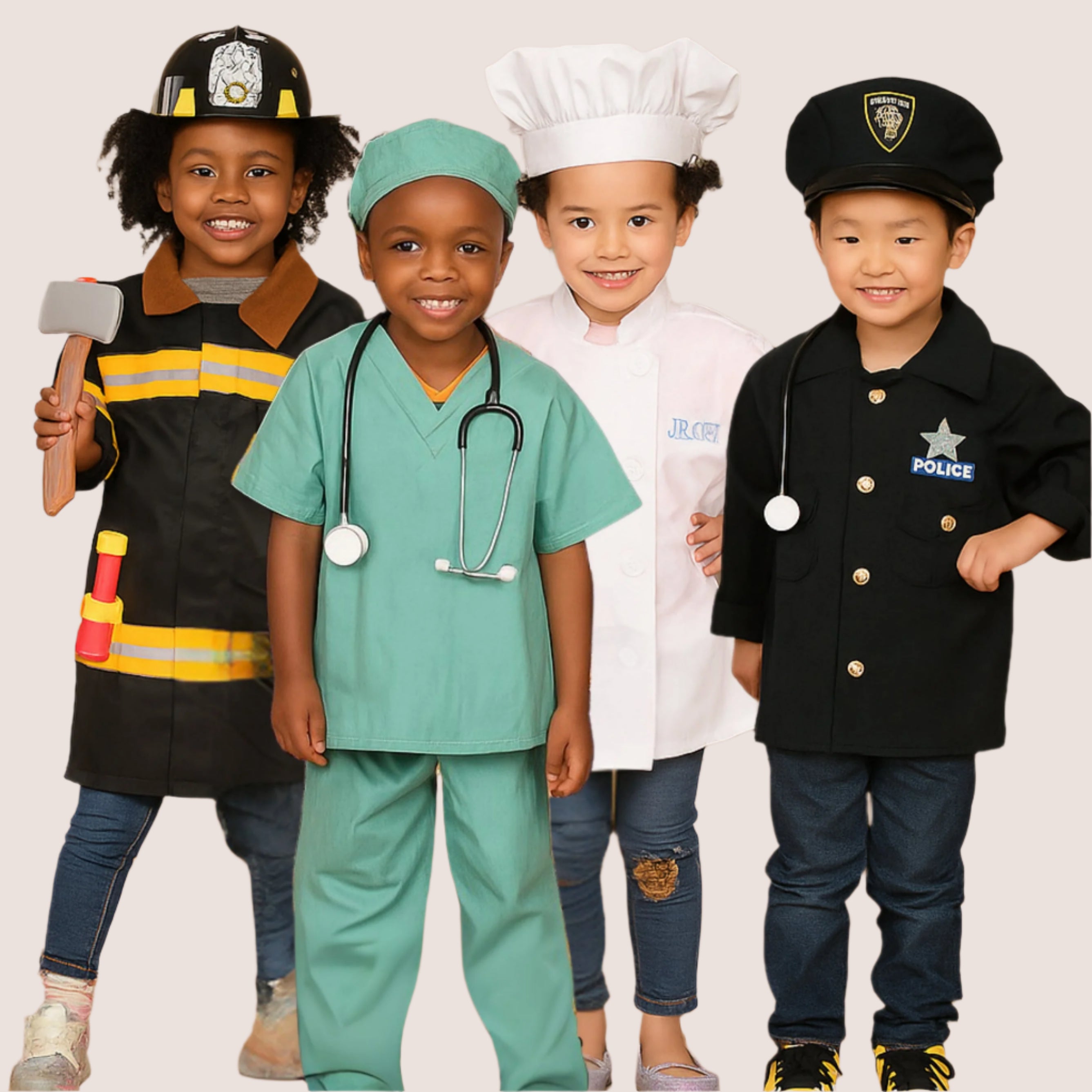 Four children in costumes of a firefighter, doctor, chef, and police officer standing together.