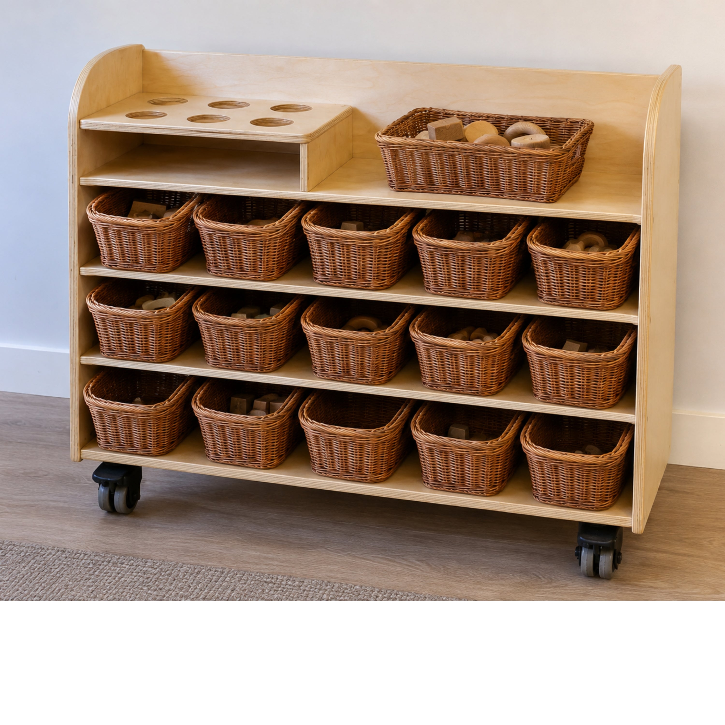 Double-Sided Mobile Art Storage Cart with 16 Woven Baskets