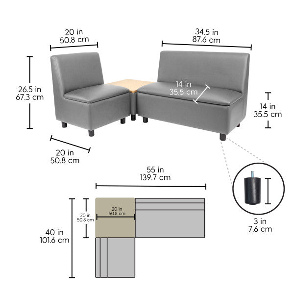 Modular Chair and Sofa with End Table, 3-Piece Set