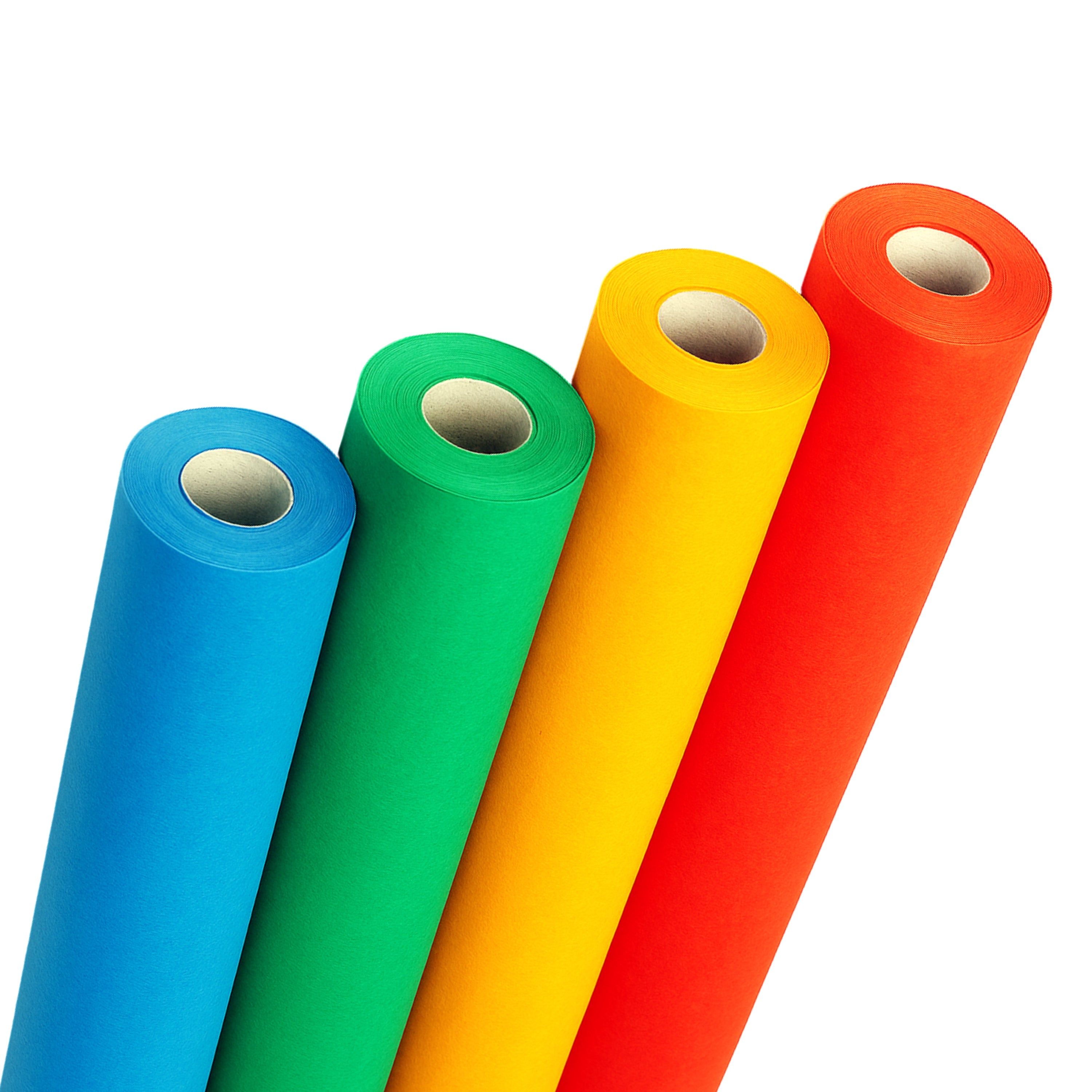 Four rolls of colorful paper in blue, green, yellow, and orange on a white background.