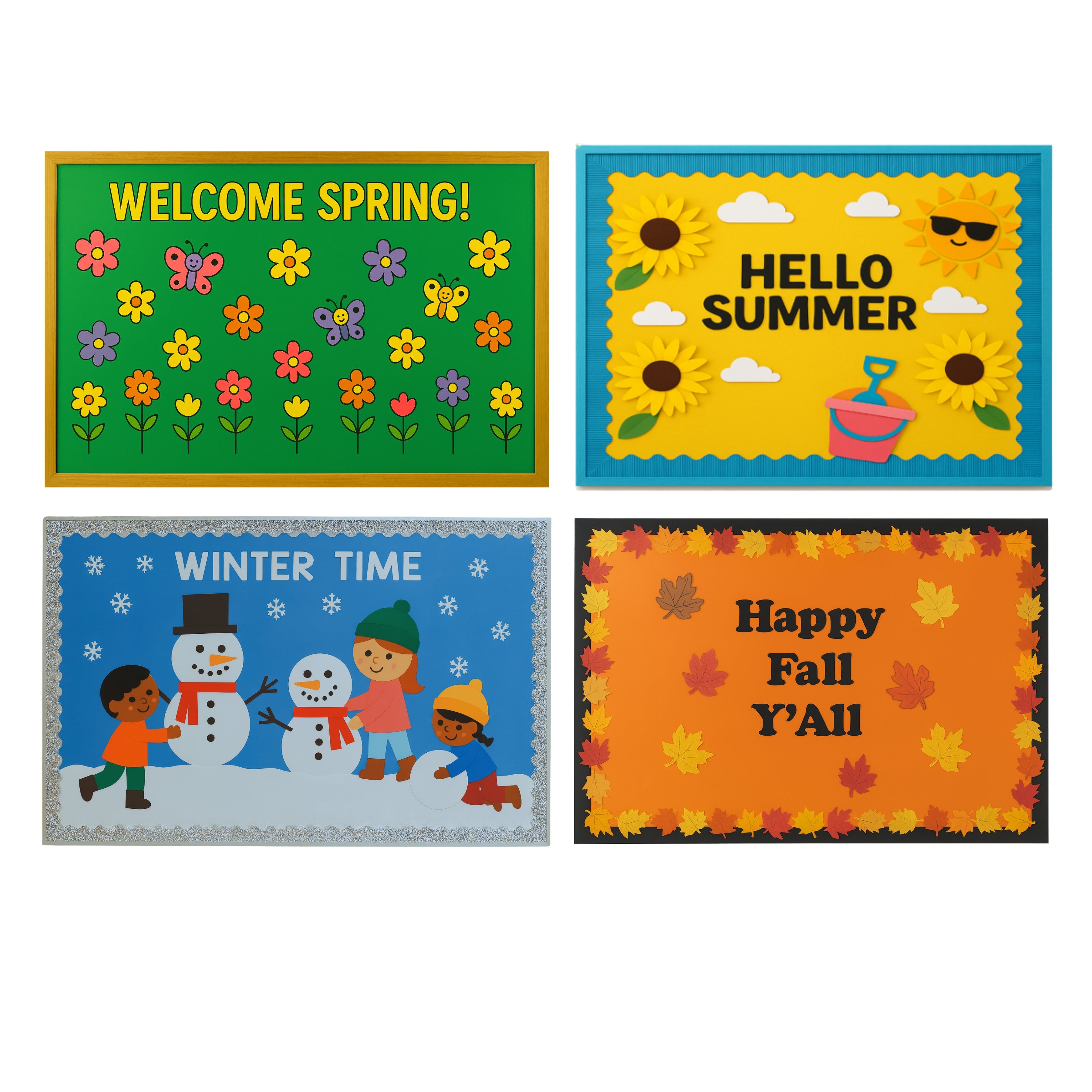 Four seasonal bulletin boards with different seasons and messages.