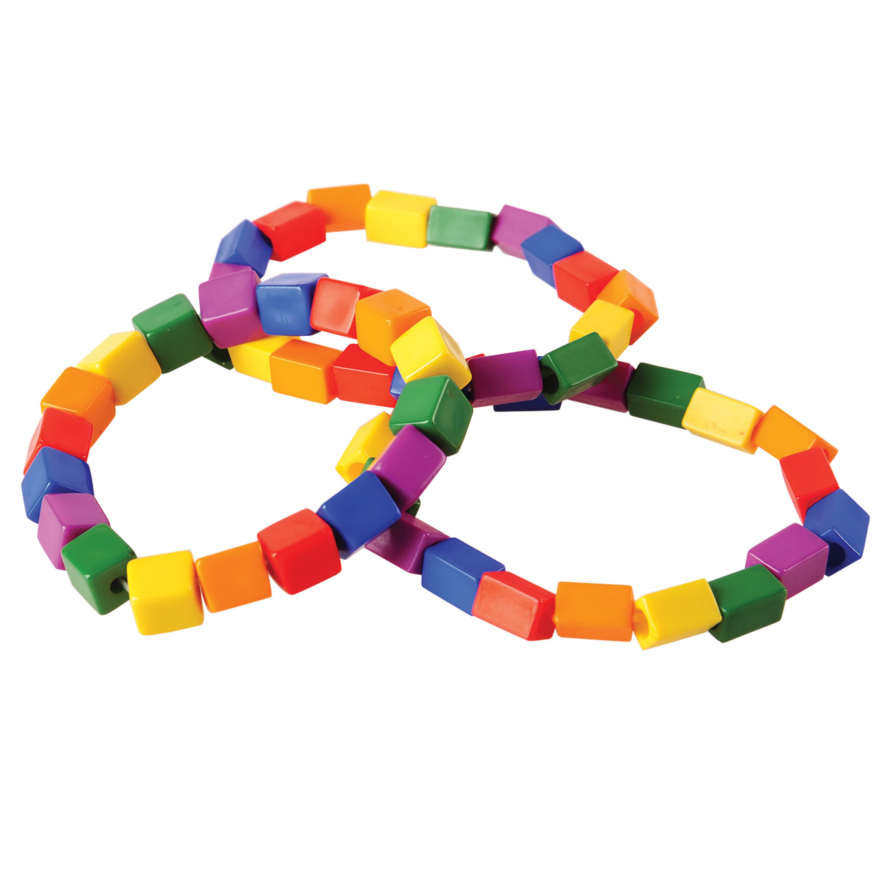 Colorful bracelet made of interlocking plastic beads on a white background