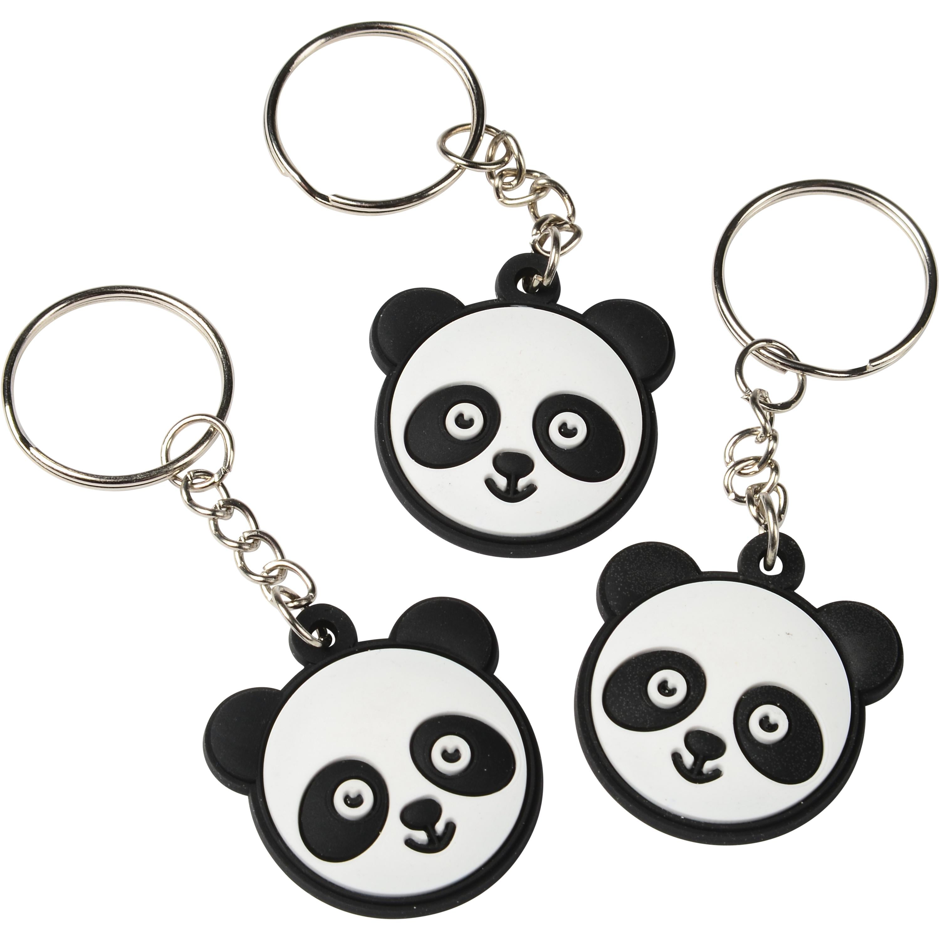 Three panda keychains on a white background