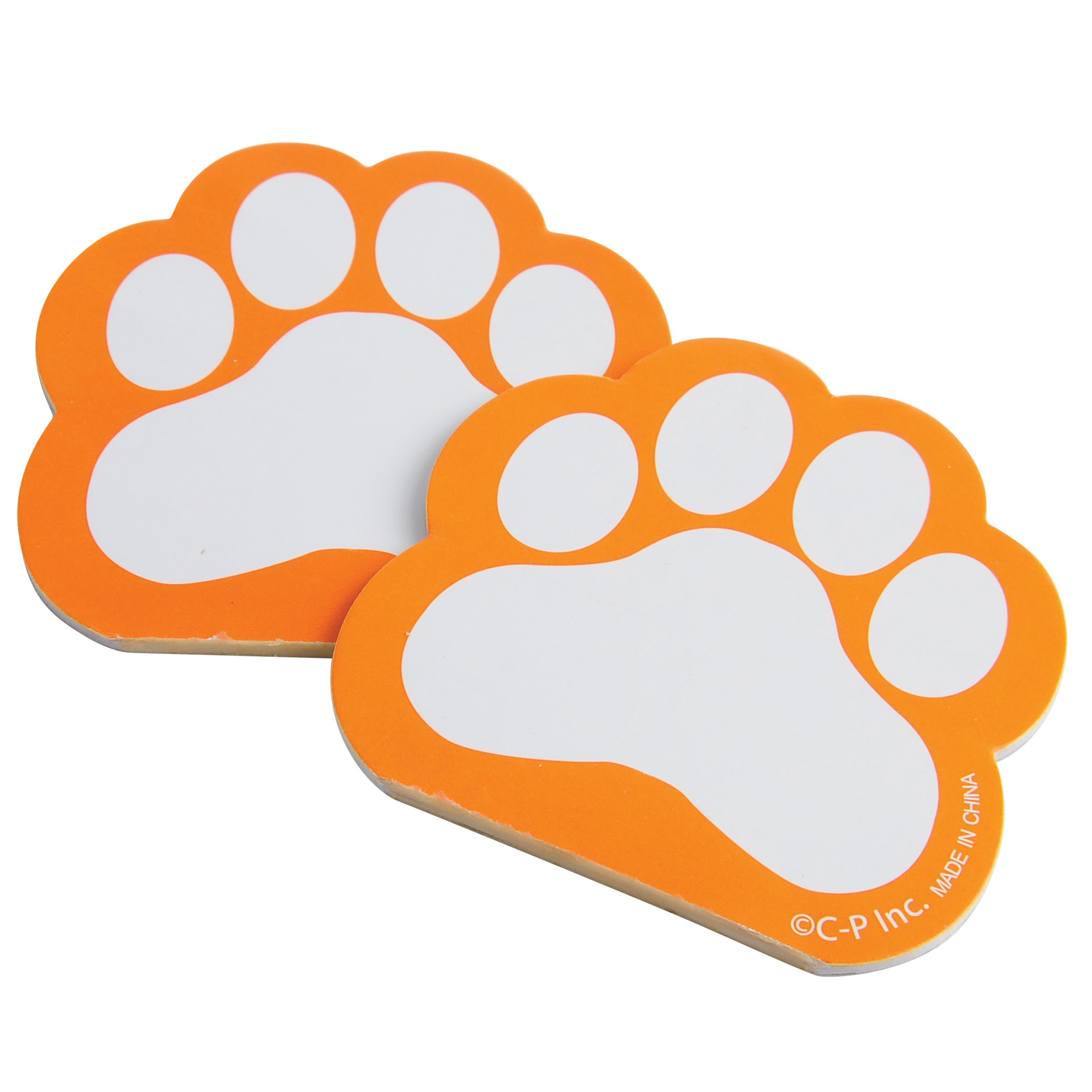 Two paw-shaped notepads with orange borders on a white background