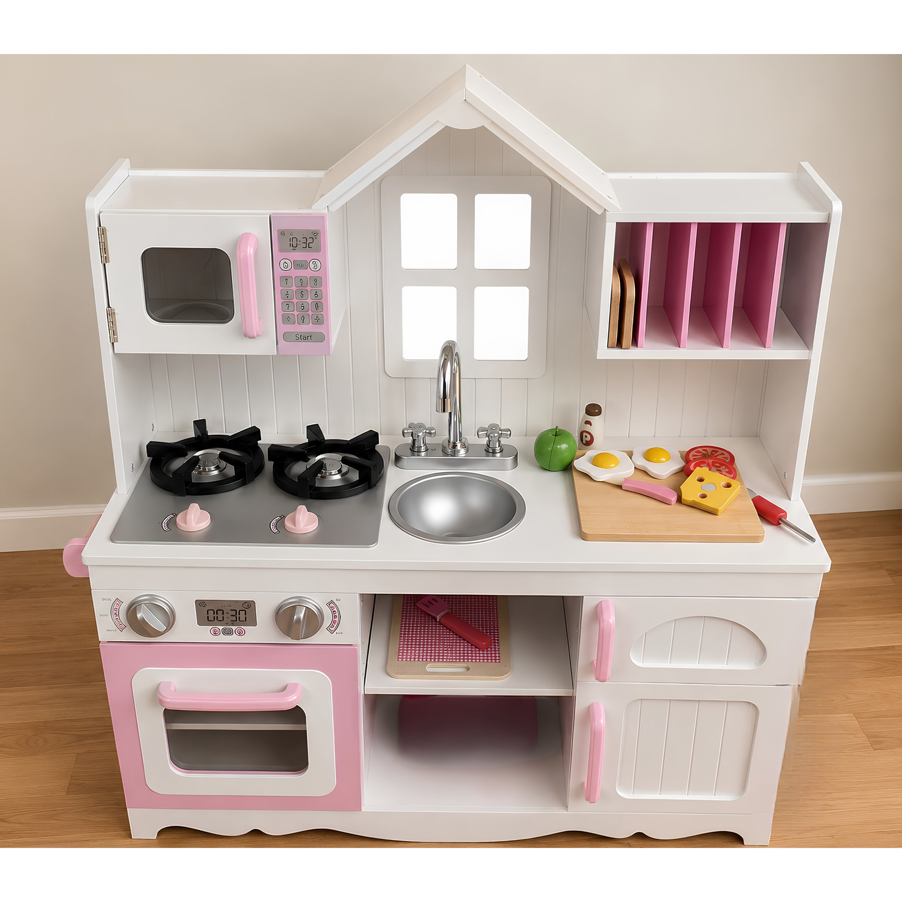 Wooden Play Kitchen with Burners & Sink – Preschool Dramatic Play Kitchen