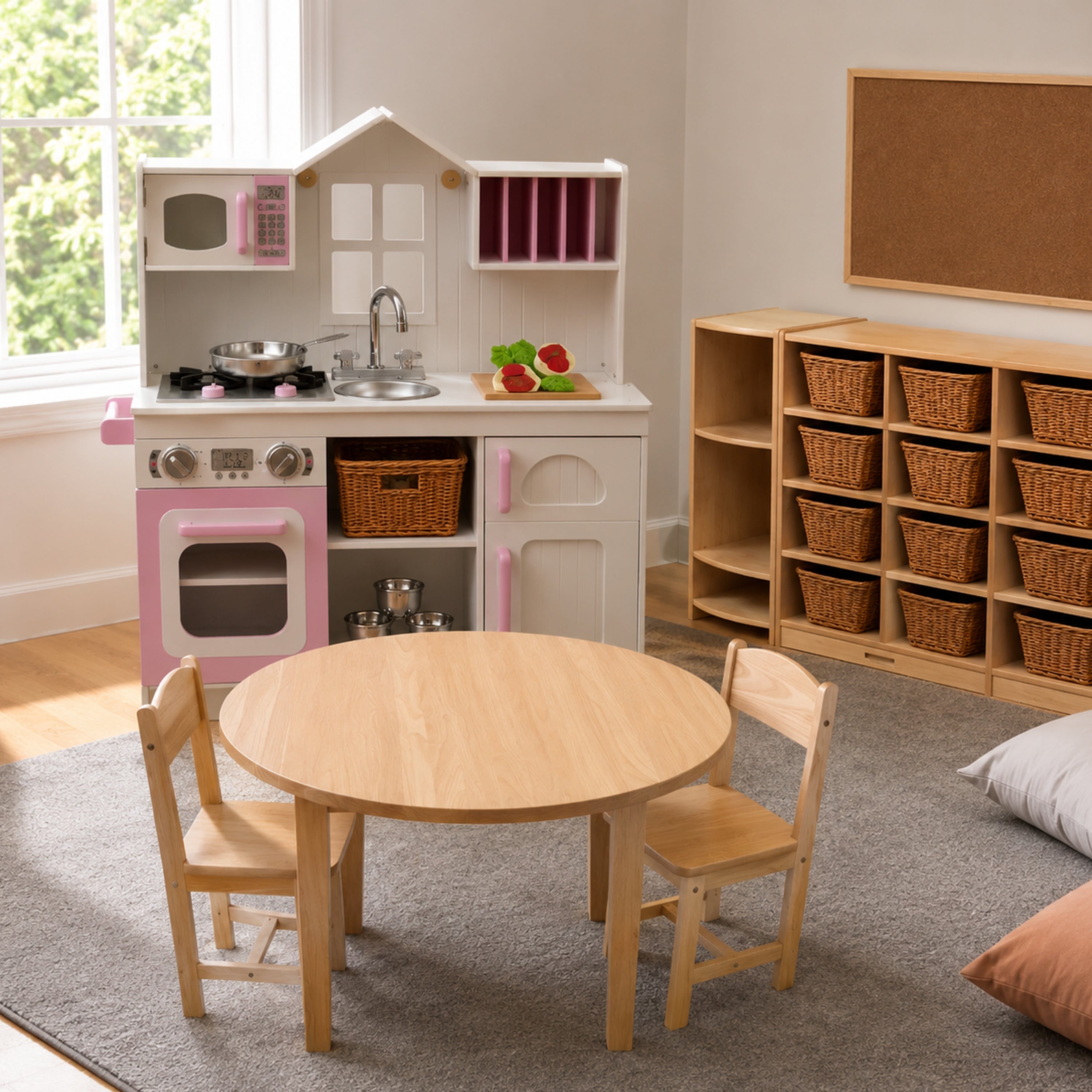 Wooden Play Kitchen with Burners & Sink – Preschool Dramatic Play Kitchen