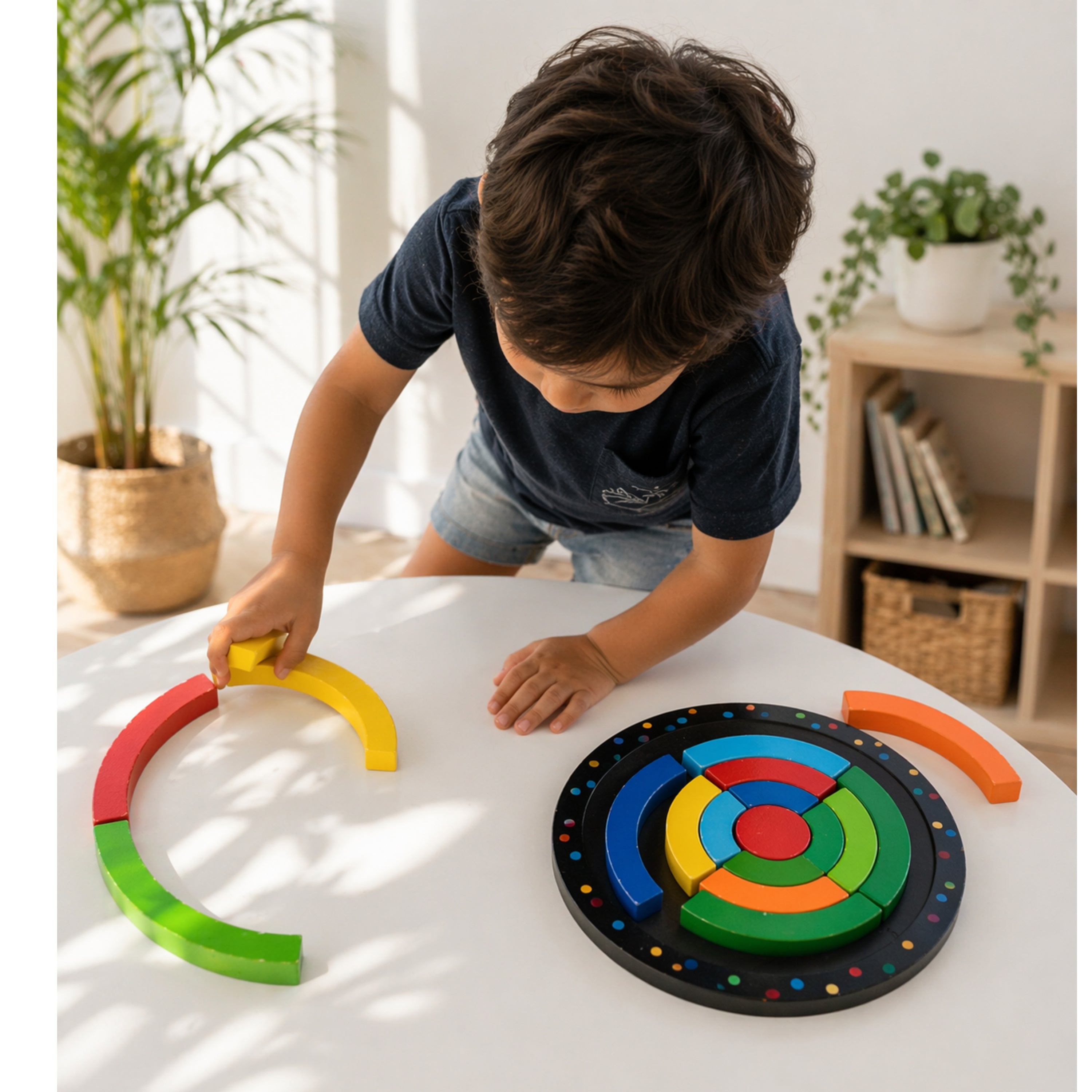 Wooden Circle Puzzle for Kids – Montessori Shape Sorting & Building Toy, Colorful Educational Wooden Blocks for Preschool Math, Fine Motor Skills, and Creative Play (Ages 3+)