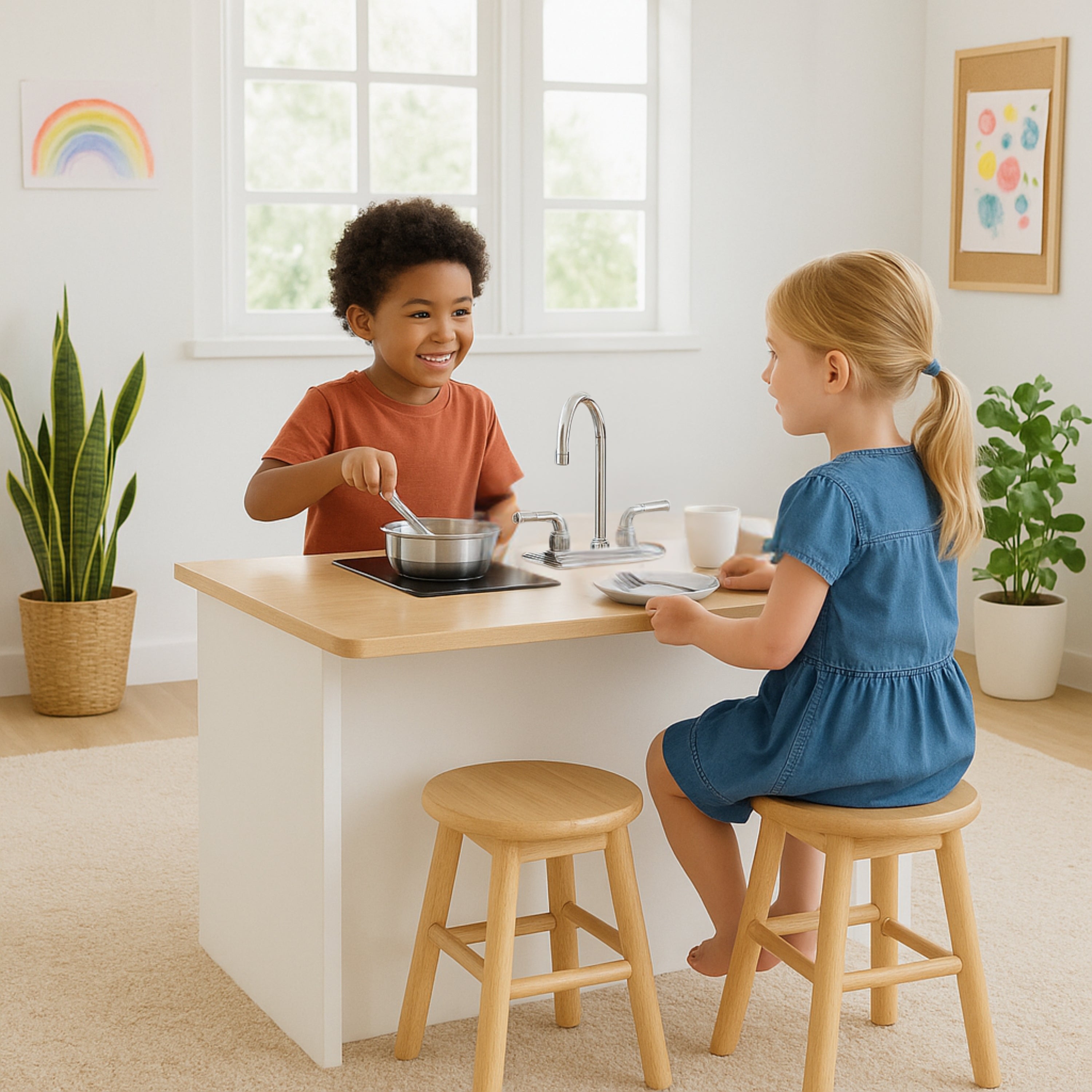elevatED™ Kitchen Island & Barstool Set | Modern Pretend Play Cooking Station with Collaborative Seating for Classrooms