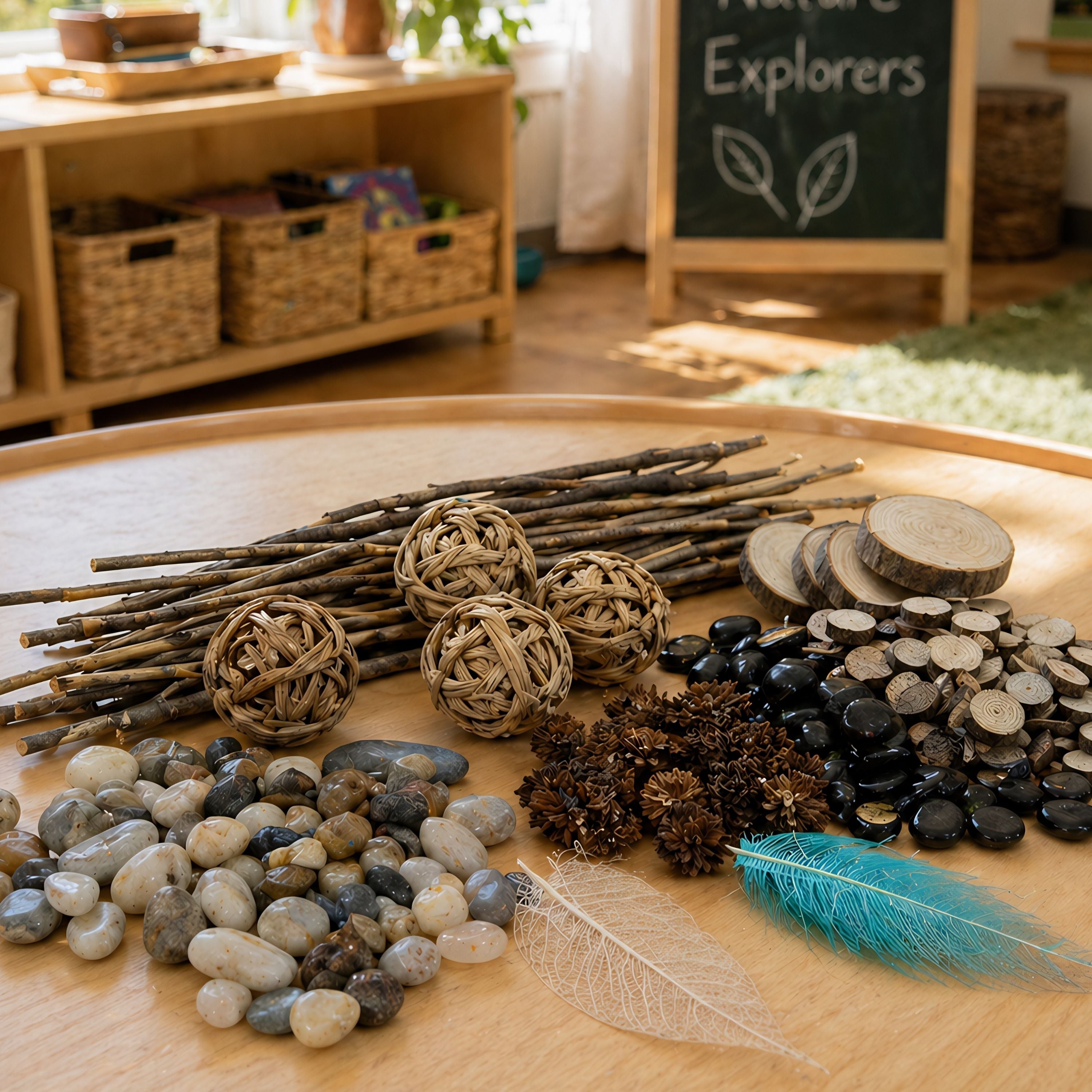 Assorted natural items including sticks, stones, and feathers on a wooden surface with a classroom setting in the background.