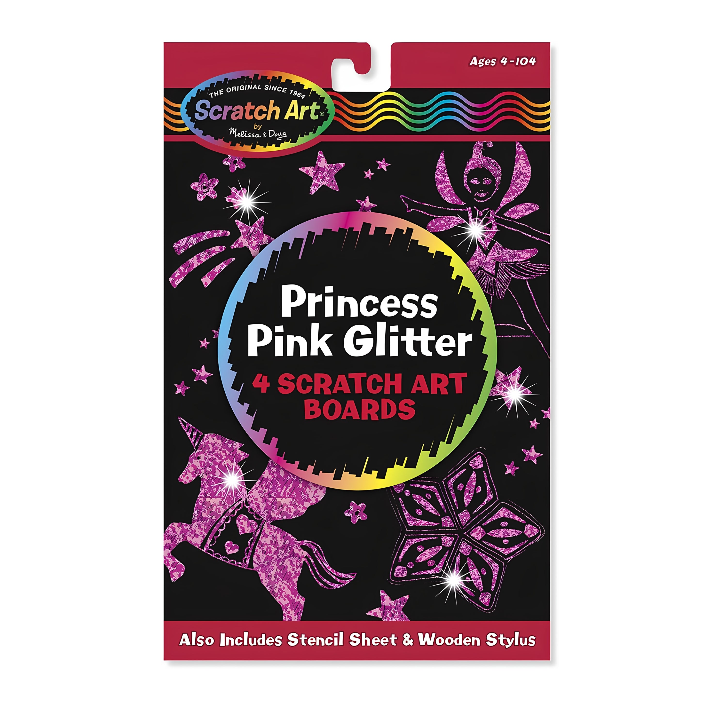 Scratch Art Princess Pink Glitter - 4 Boards, Wooden Stylus, Stencil