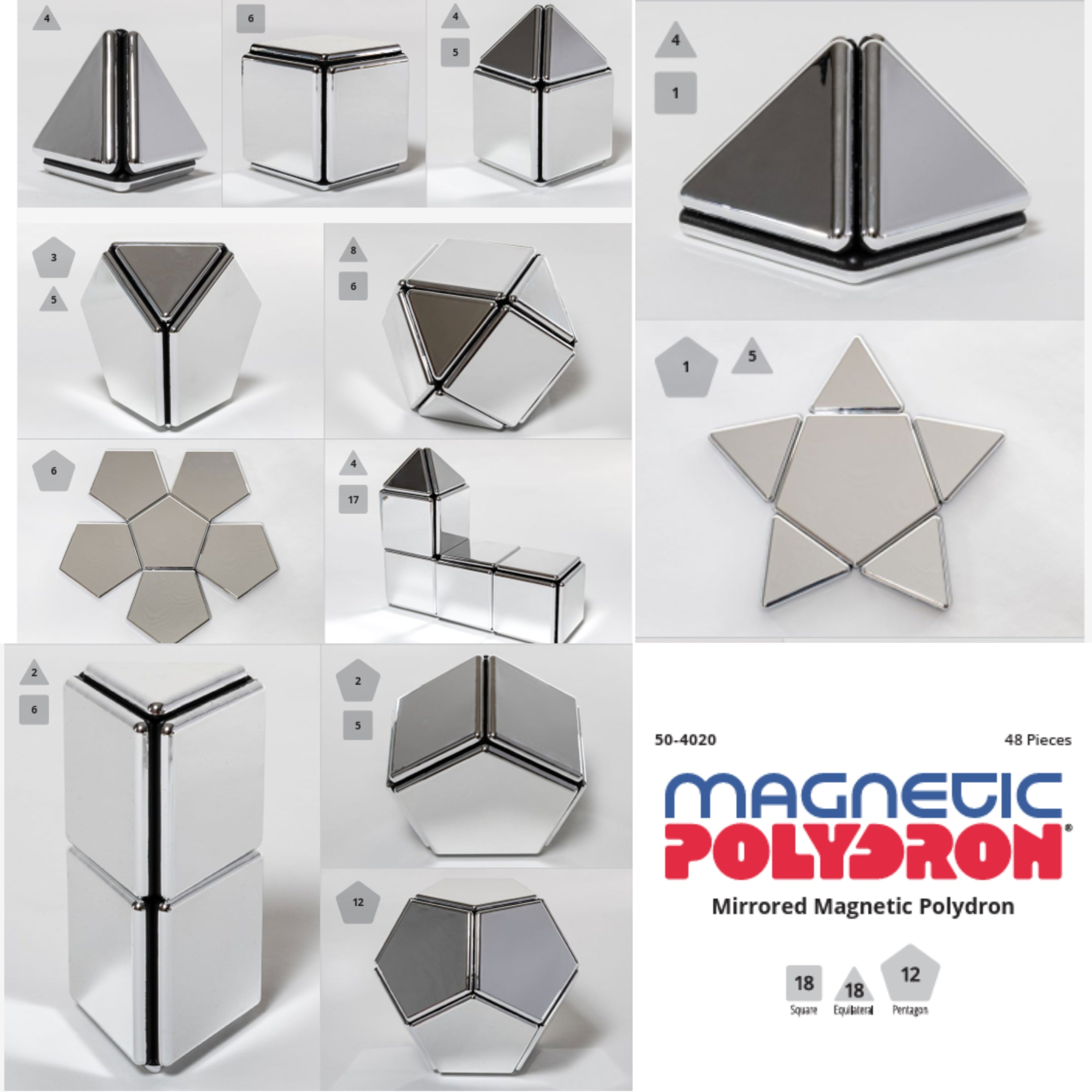Collage of mirrored magnetic polydron shapes with brand logo and product details.