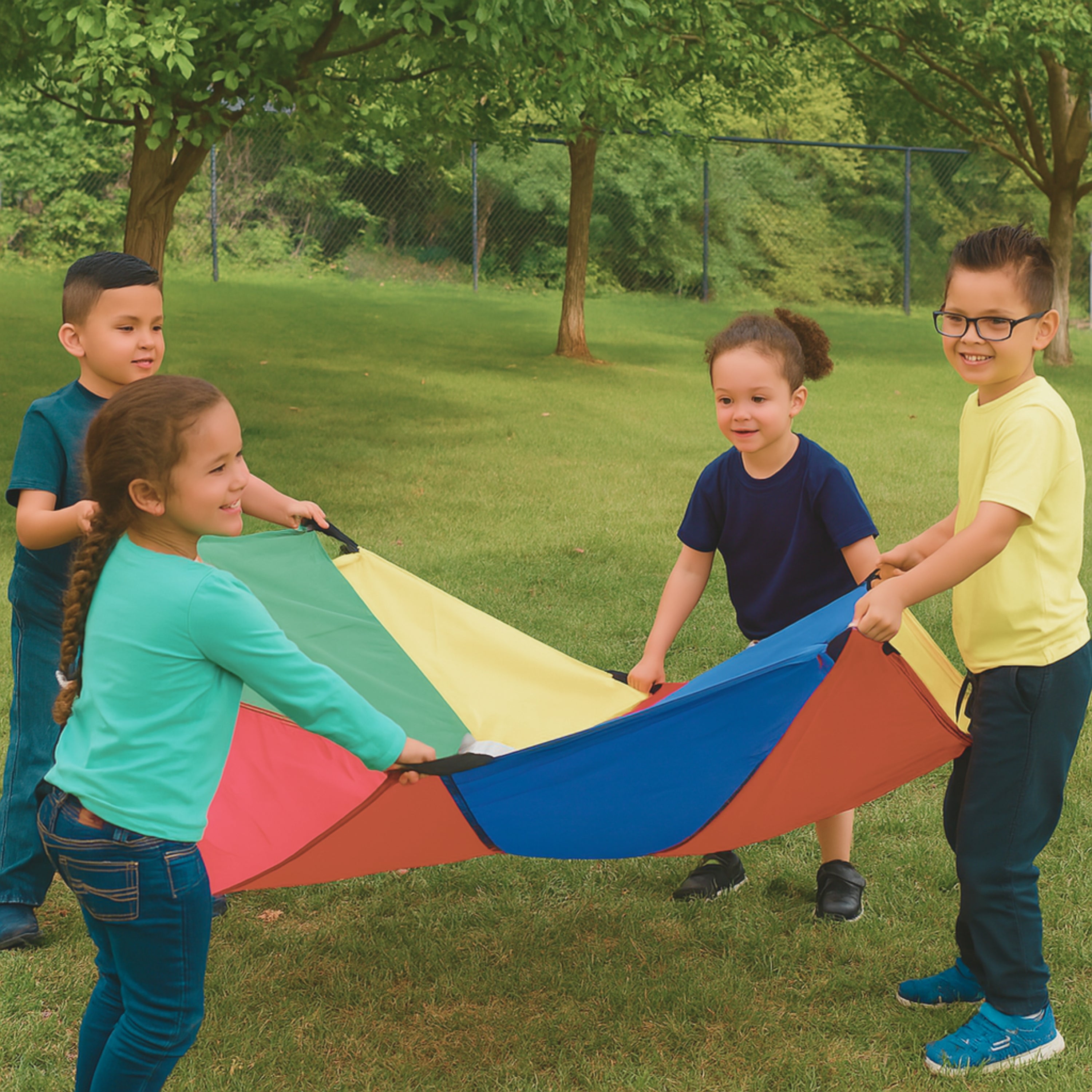 12 Ft "No Rip" Kids Parachute | Multicolor Durable Nylon with Handles & Storage Bag