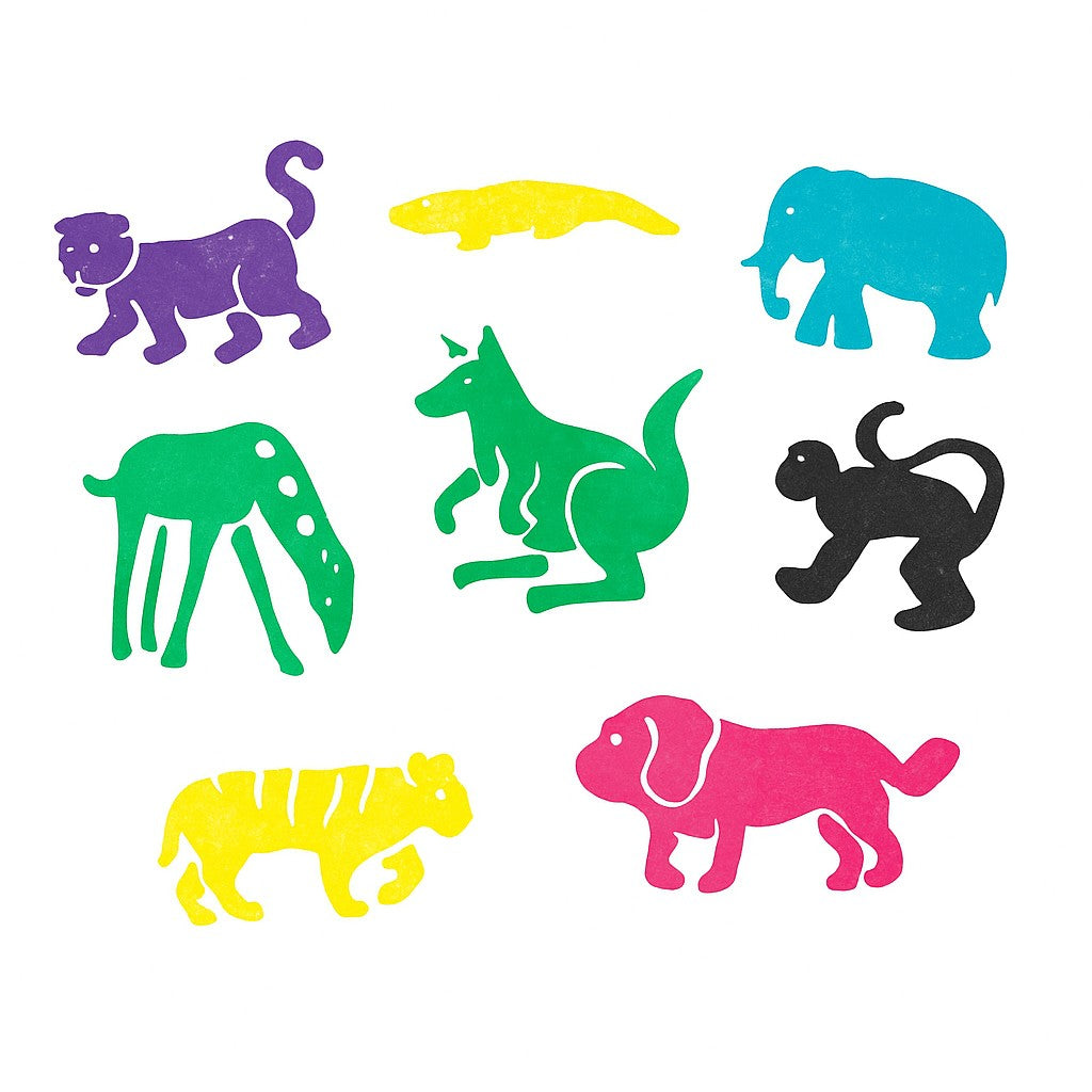 Colorful animal illustrations on a white background