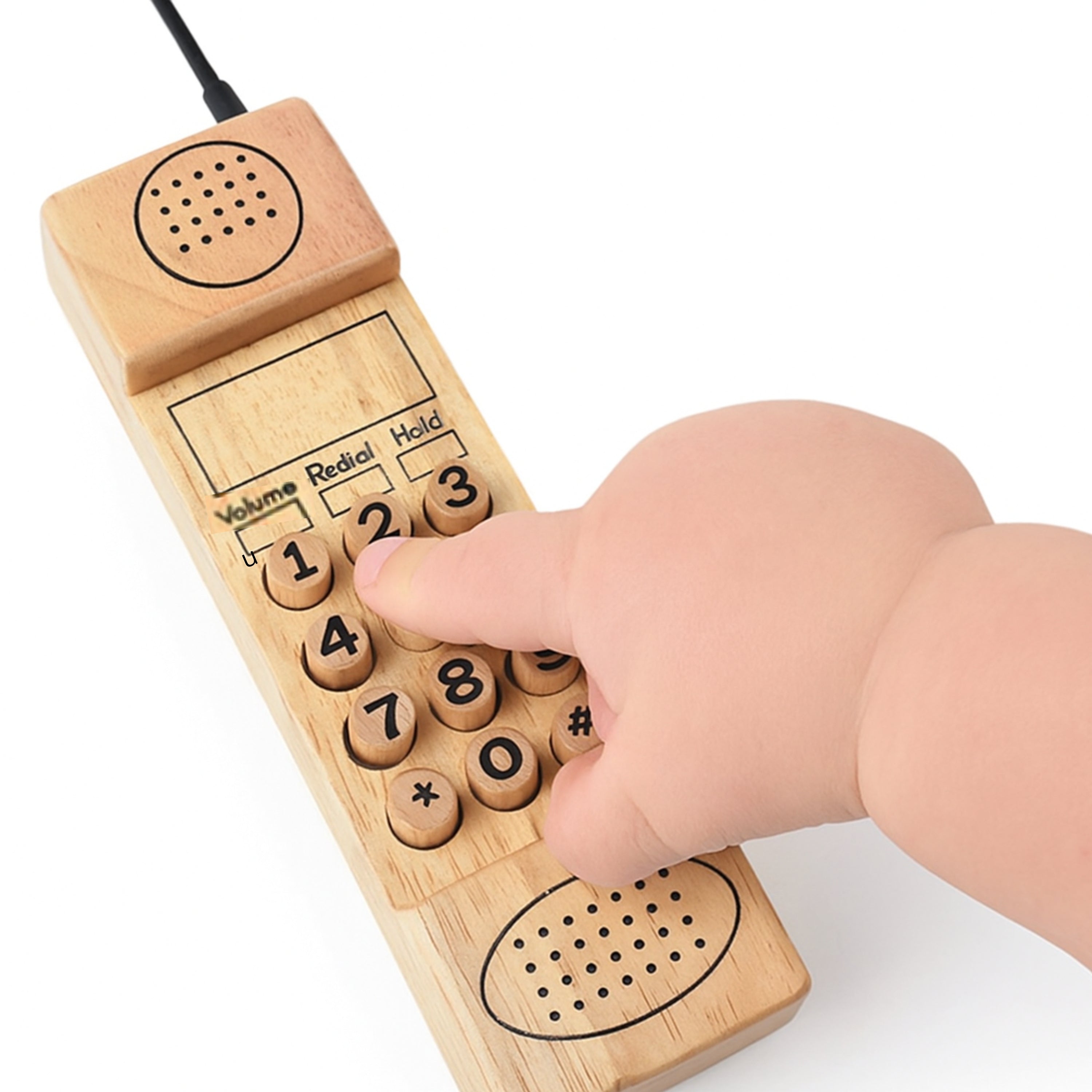 Wooden toy phone with a hand pressing a button on a white background