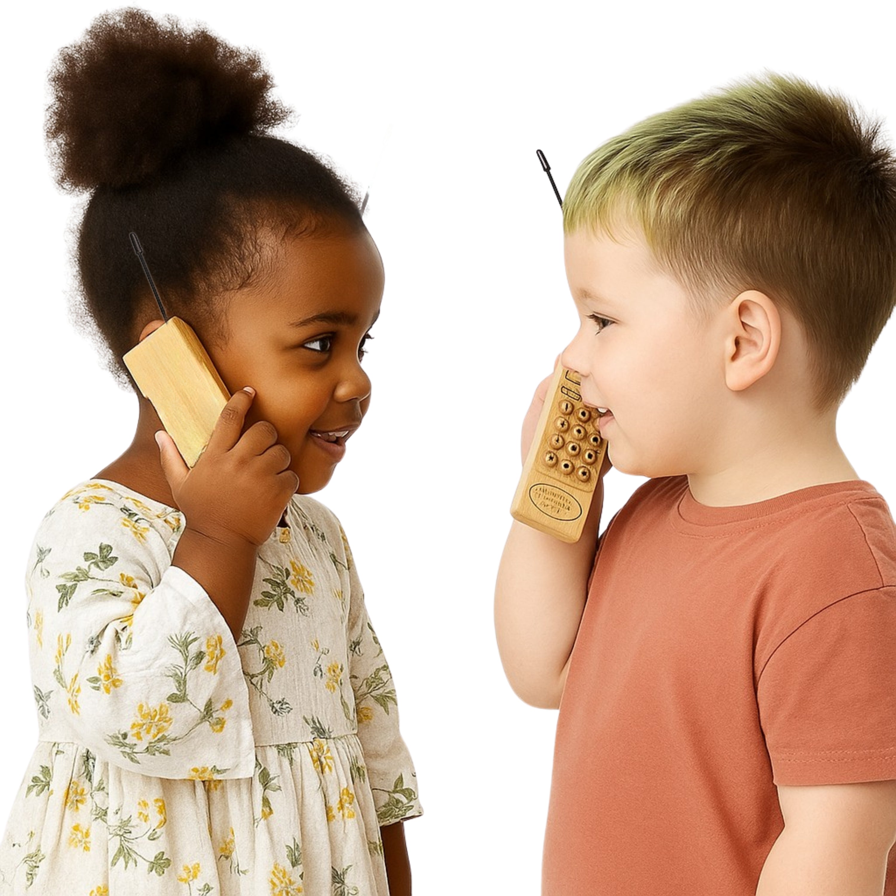 Two children playing with toy phones on a white background