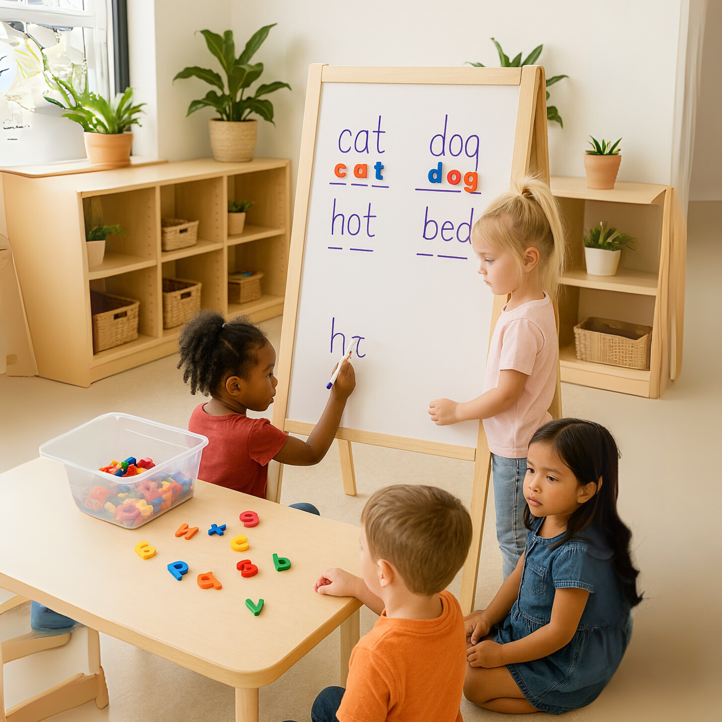 Children learning with a whiteboard and educational materials in a classroom setting.