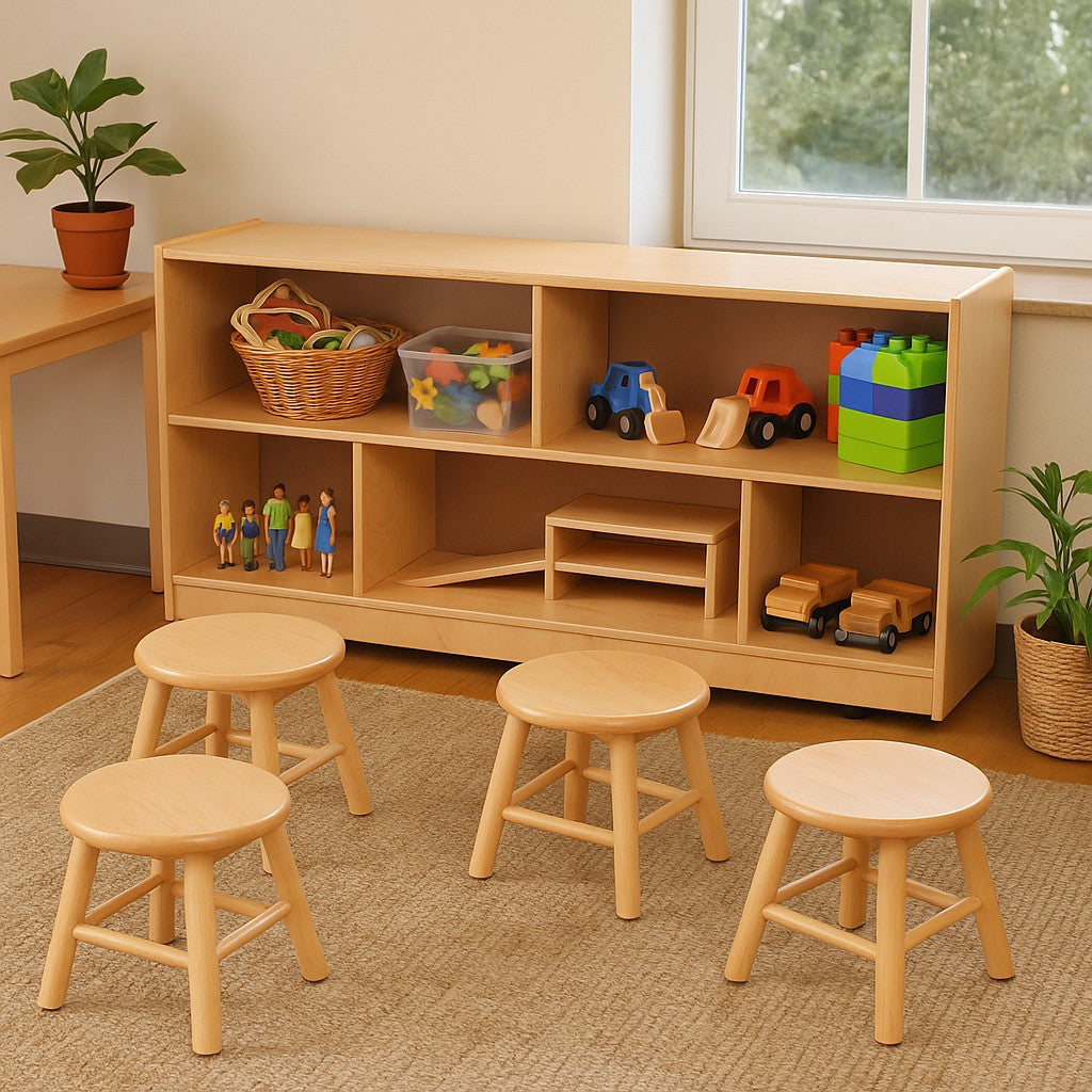 Wooden toy shelf with children's toys and stools in a room with a window and plants.