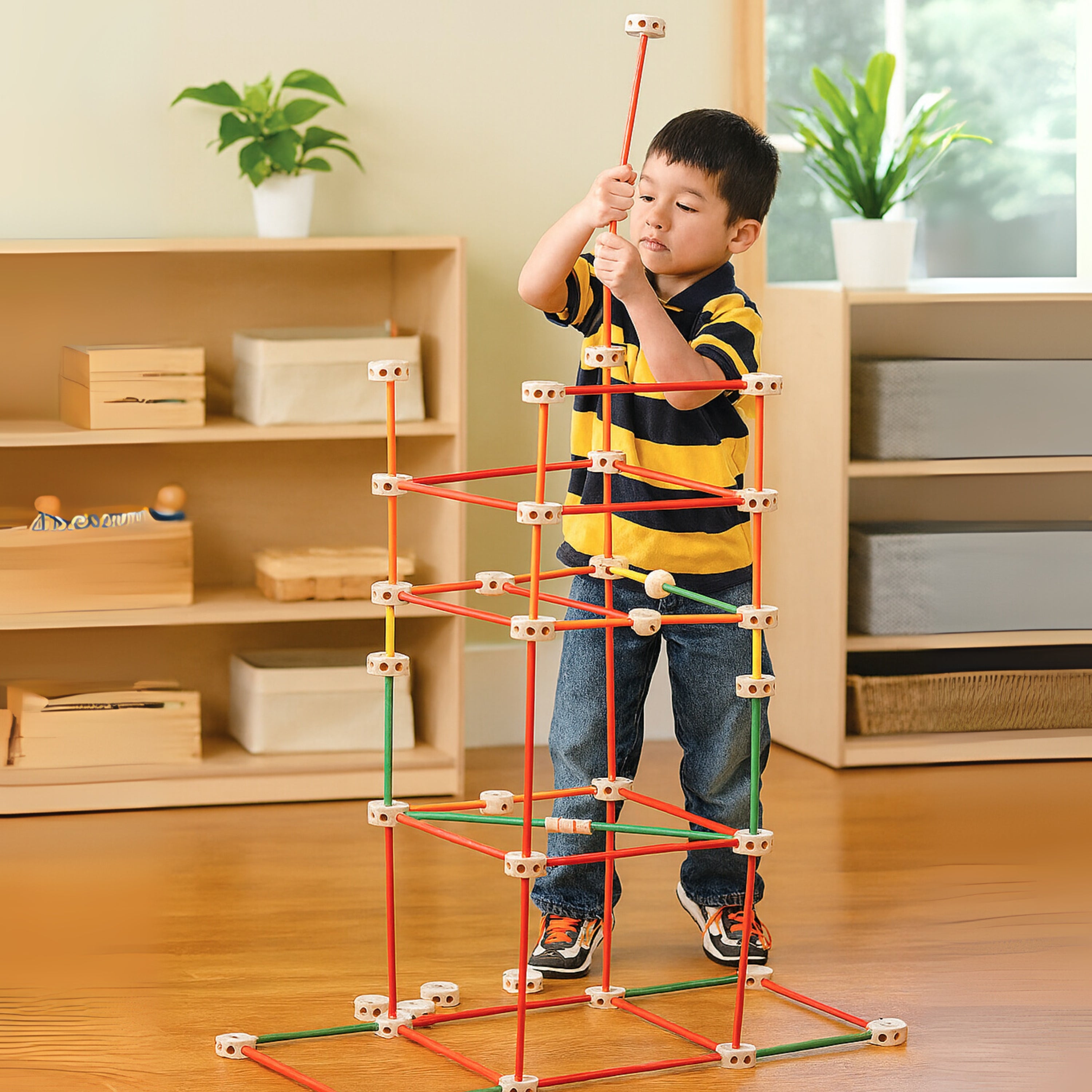 Child playing with a geometric building set indoors