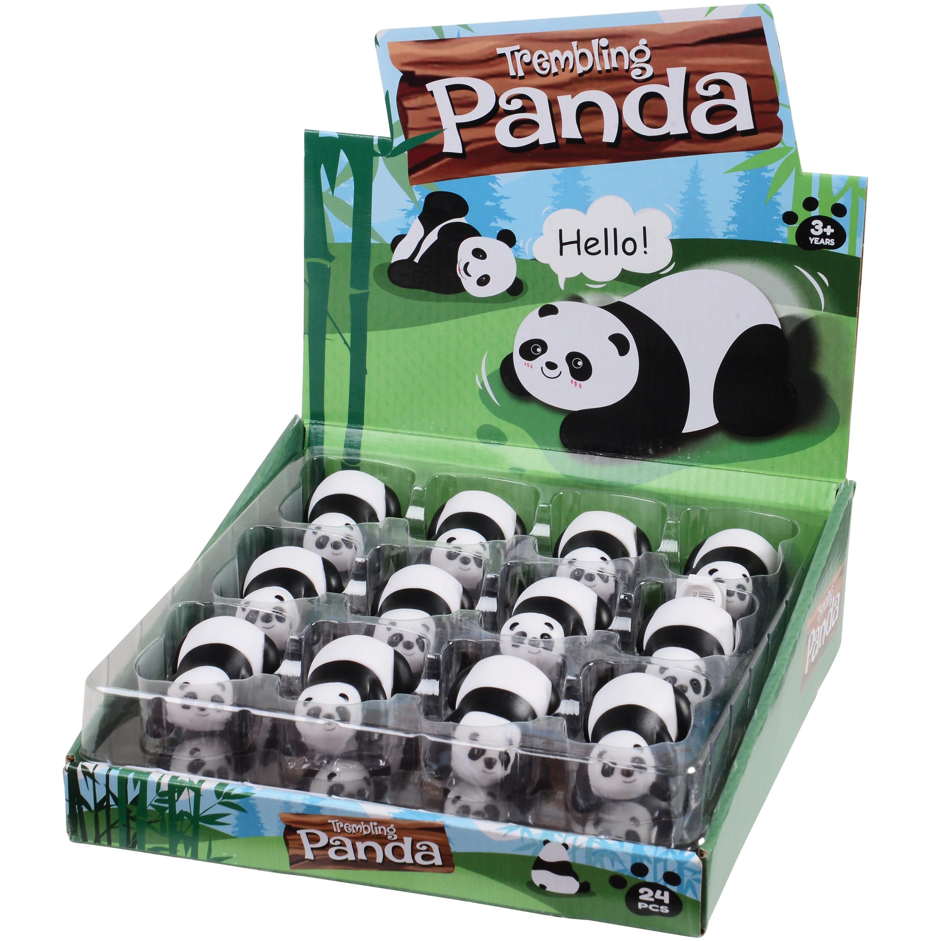 Display box of 'Trembling Panda' toys with panda figures and packaging.