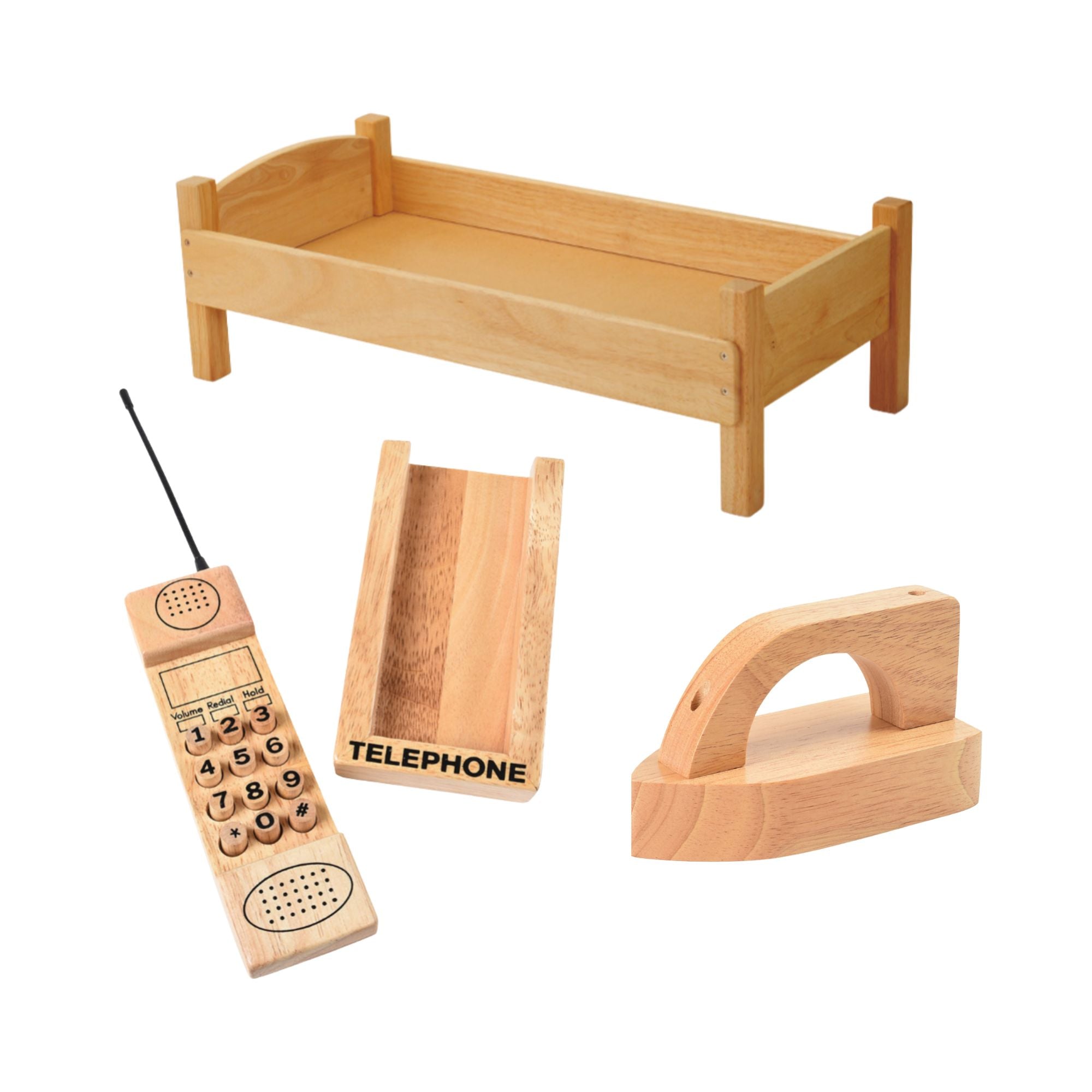 Montessori Dramatic Play Accessory Bundle | Pretend Play Hardwood Iron, Doll Bed & Vintage Phone