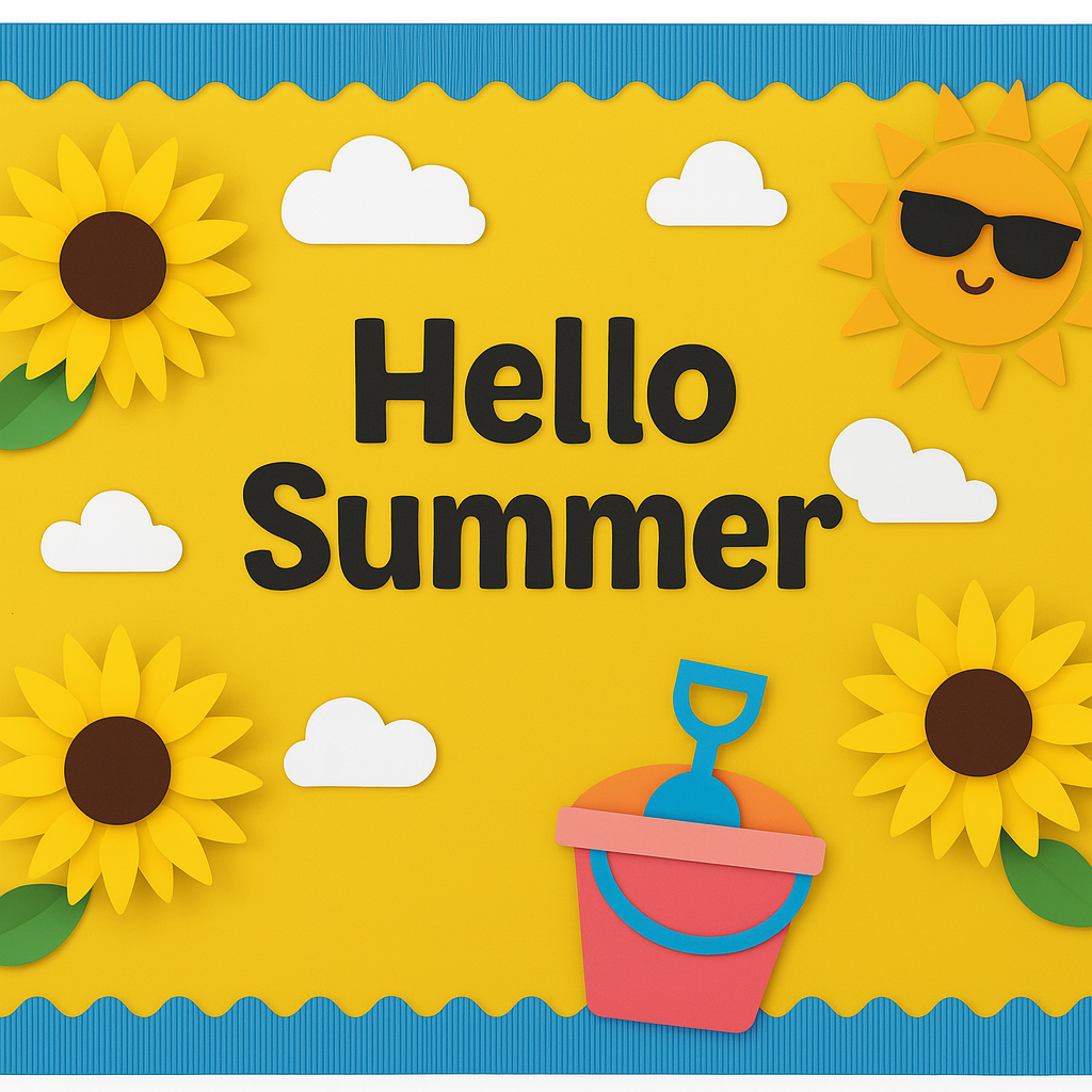 Summer-themed decorative board with sun, flowers, and sand bucket on a yellow background.