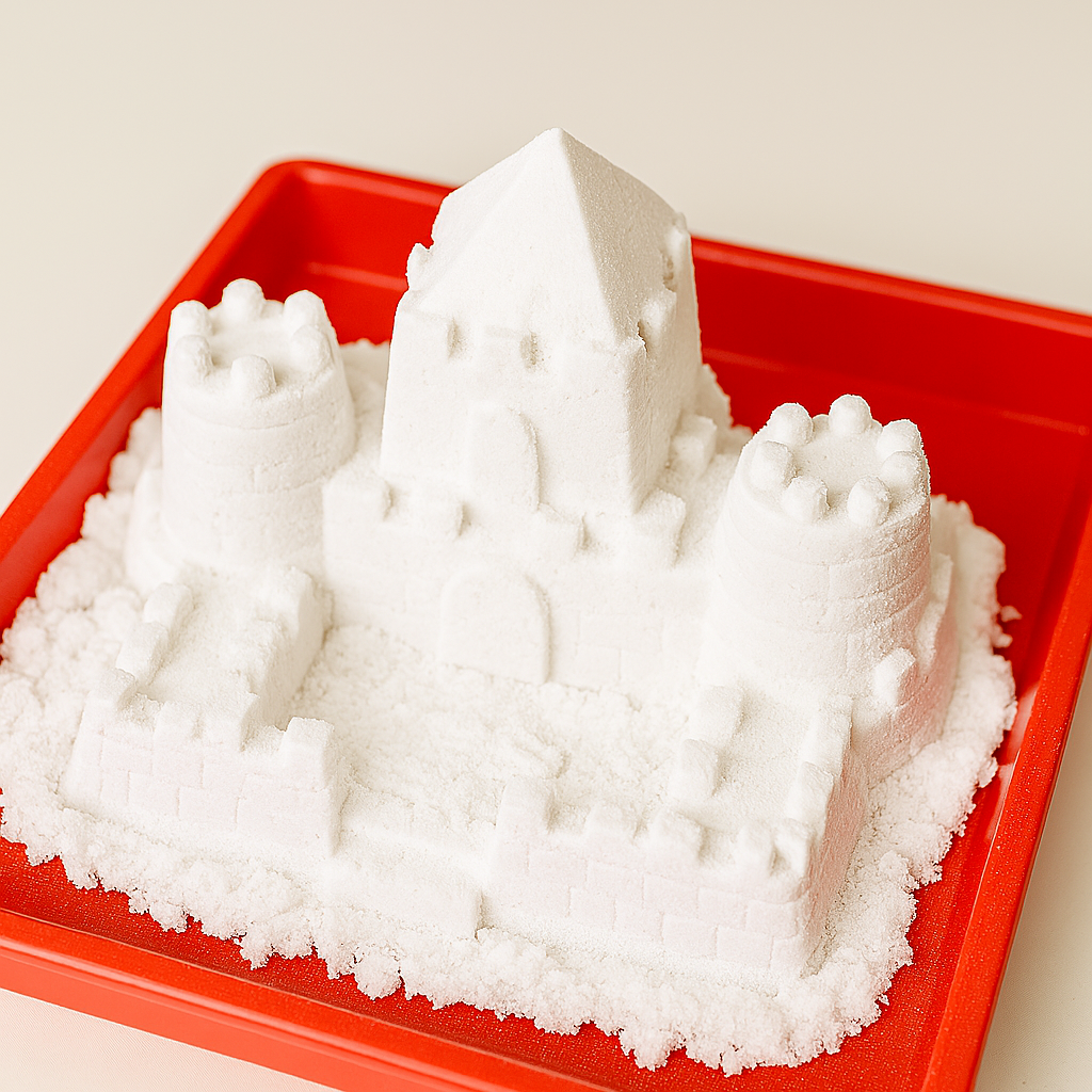 White sand castle on a red tray