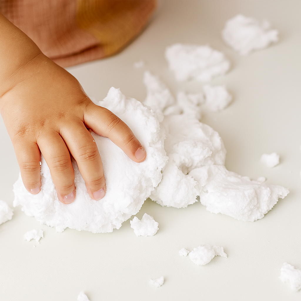 Child's hand interacting with a pile of white fluffy material on a light background