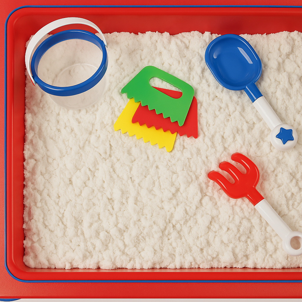 Colorful sand toys on a red tray with Floof